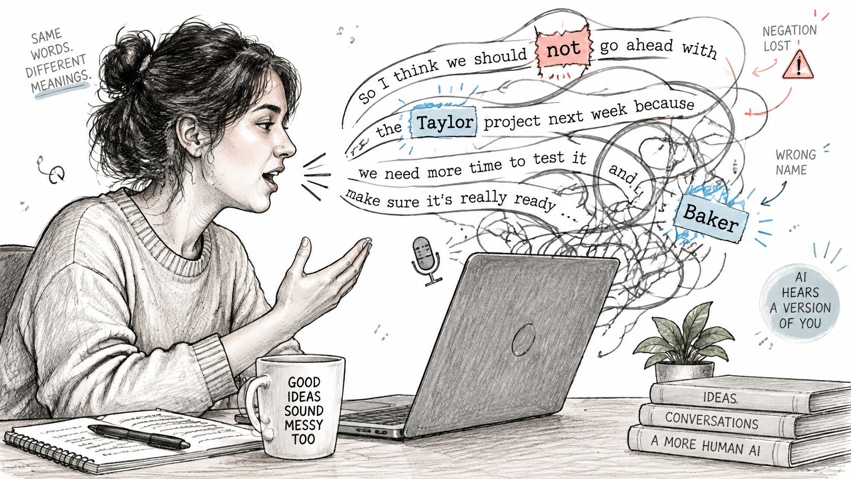 A woman speaking into a laptop, illustrating how AI can misinterpret voice dictation through messy transcription.