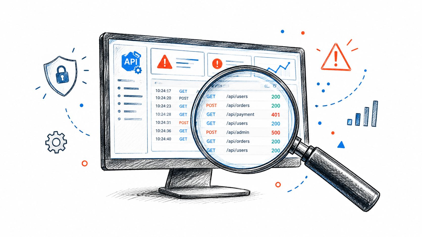 A magnifying glass inspecting API logs on a computer monitor with security and data analytics icons.