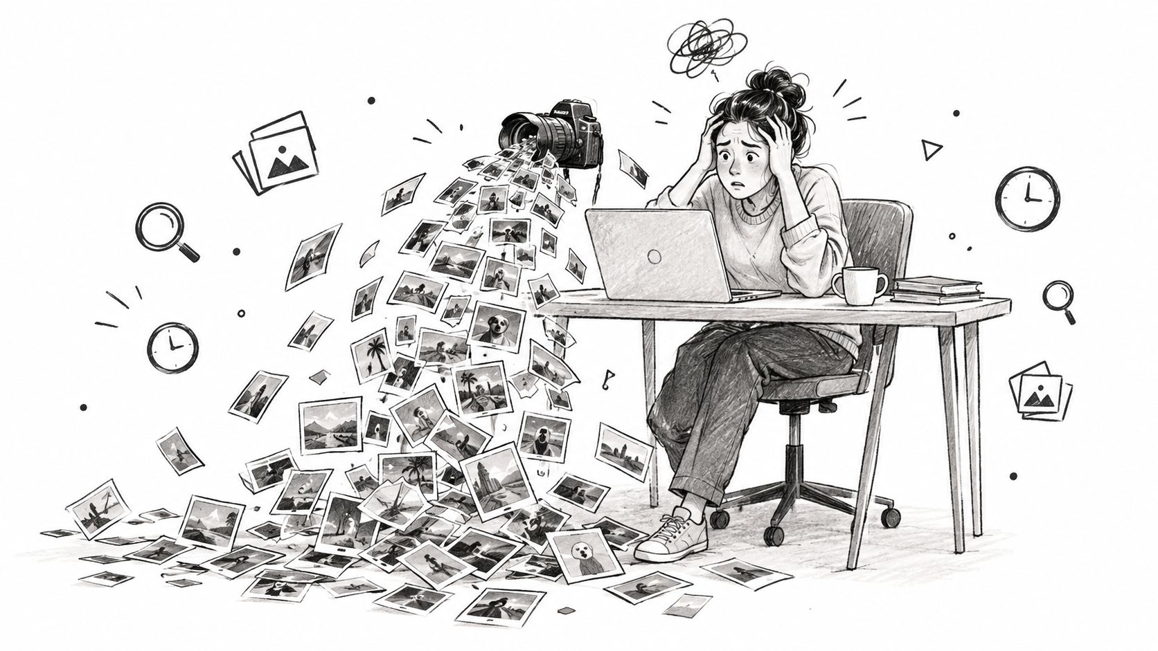 A distressed woman overwhelmed by a chaotic avalanche of numerous photographs pouring out from a digital camera.