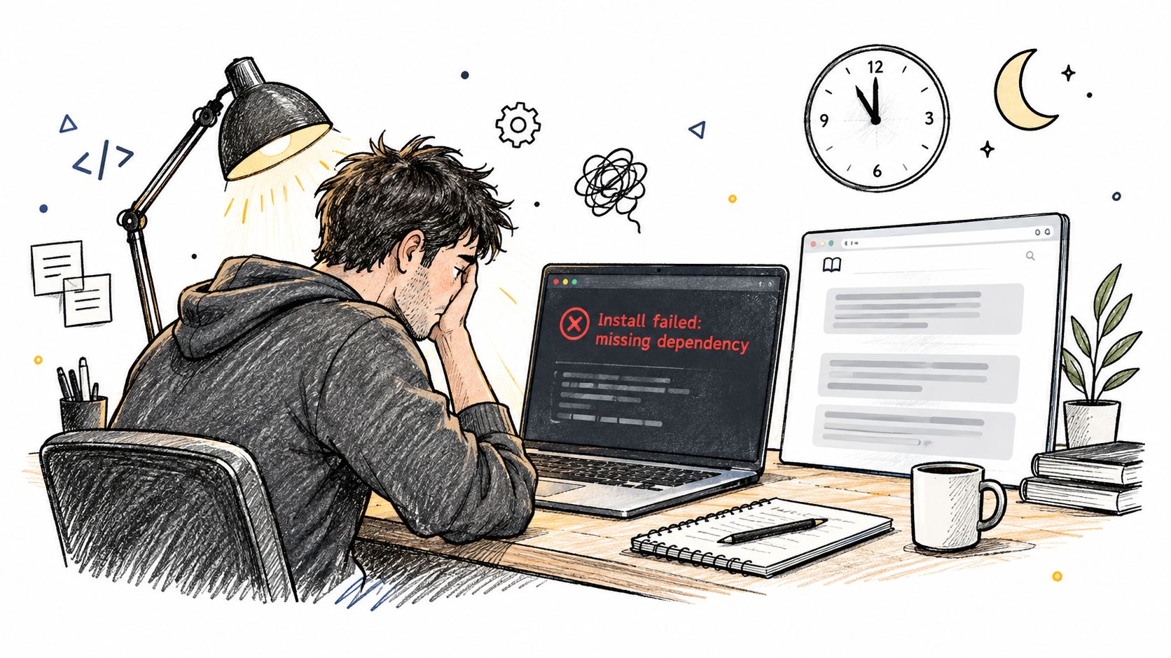 A frustrated developer sitting at a desk late at night, staring at a missing dependency error on his laptop.
