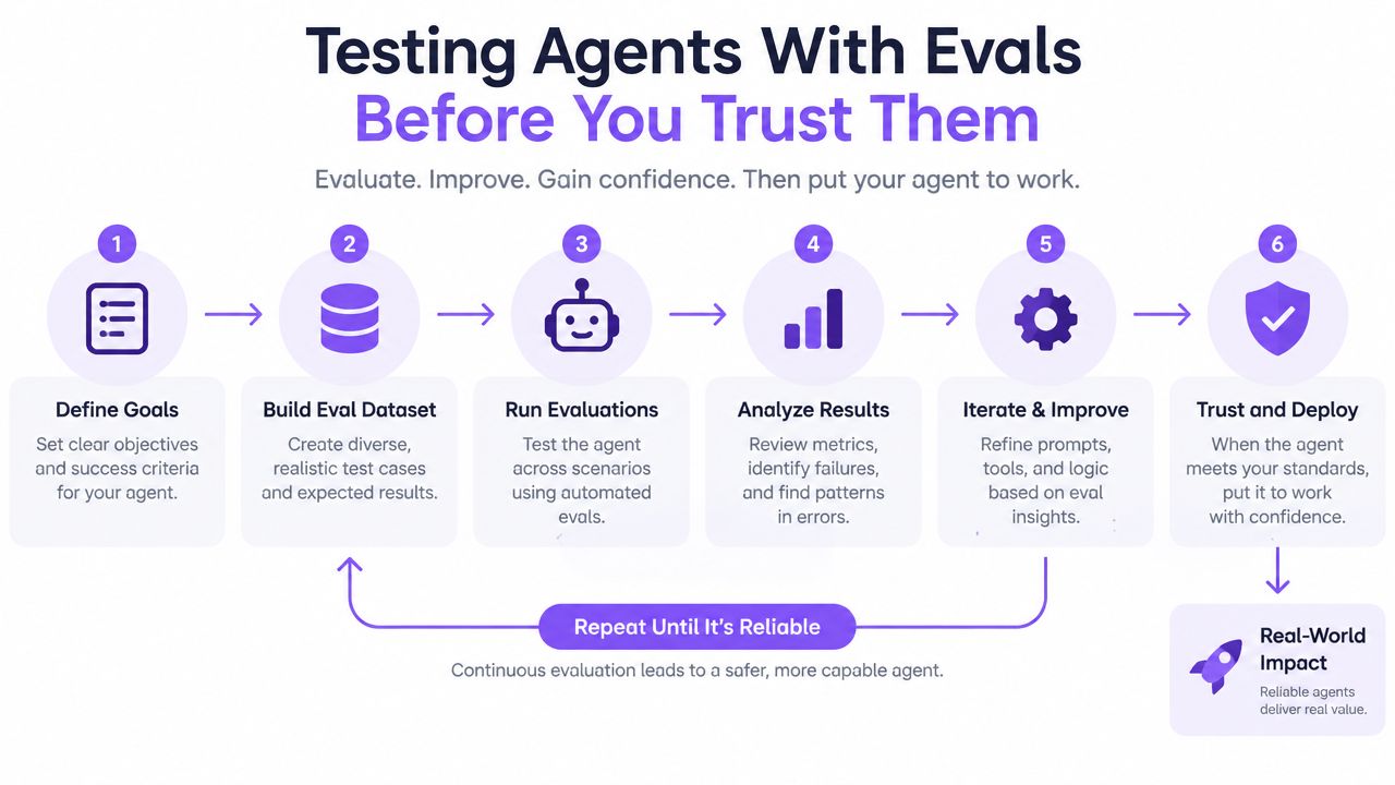 A flowchart showing six steps for testing and improving AI agents before deployment to ensure reliability.