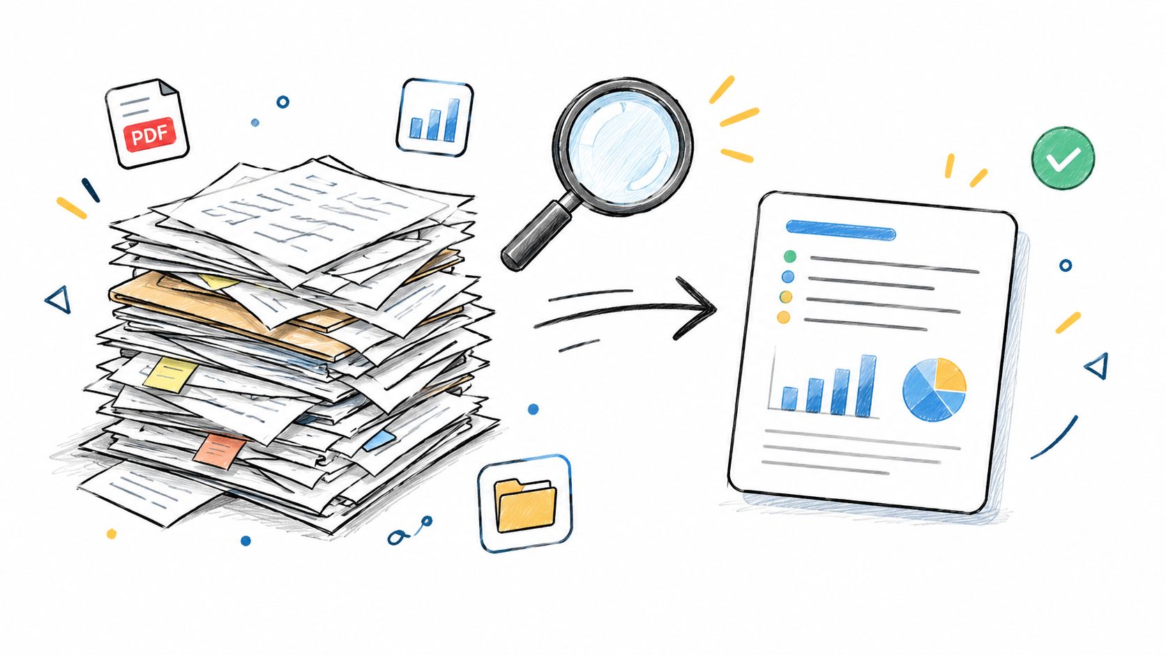 A hand-drawn illustration showing a stack of documents being transformed into a concise summary report using AI.