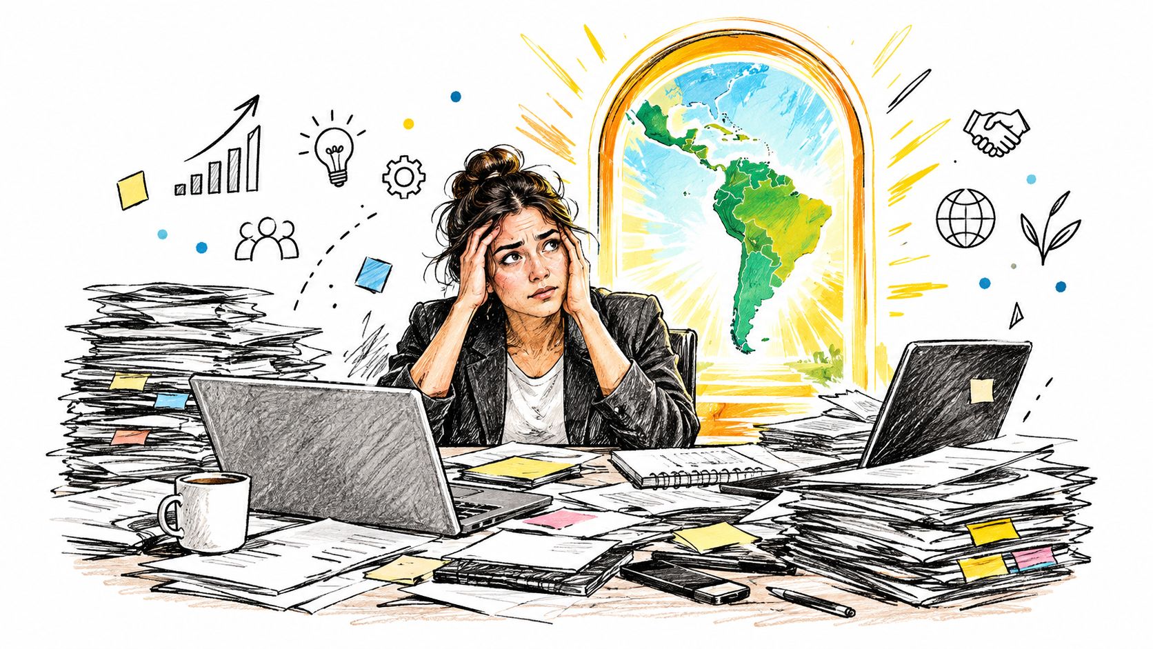 A stressed woman working at an office desk surrounded by stacks of paper with a map of Latin America behind her.