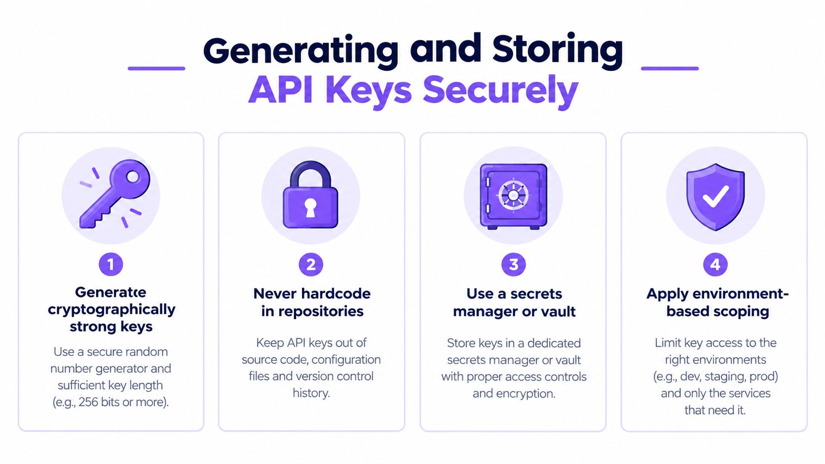 An infographic showing four essential steps for generating and storing API keys securely for developers.