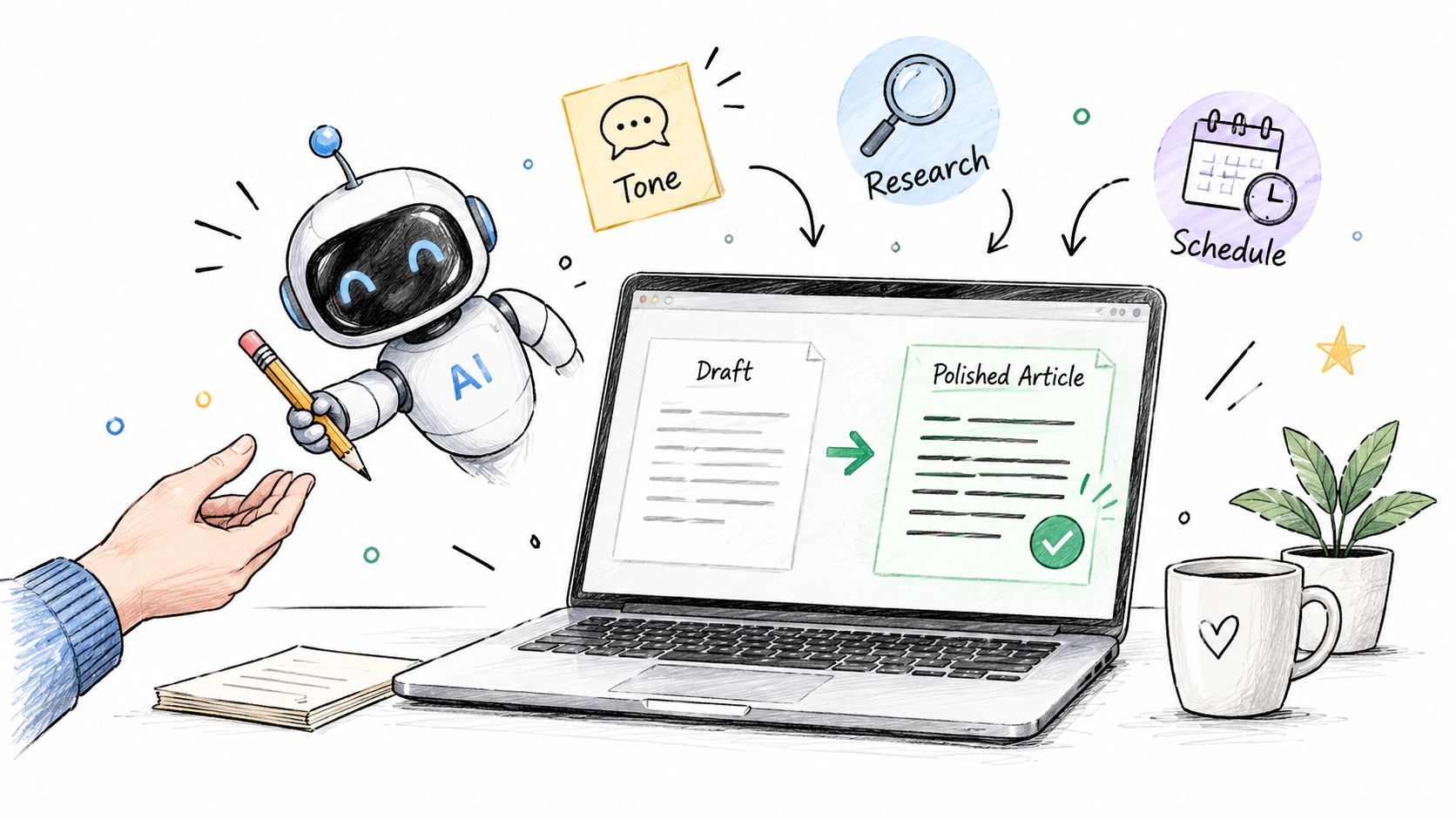 A friendly AI robot handing a pencil to a human while a laptop displays a writing workflow.