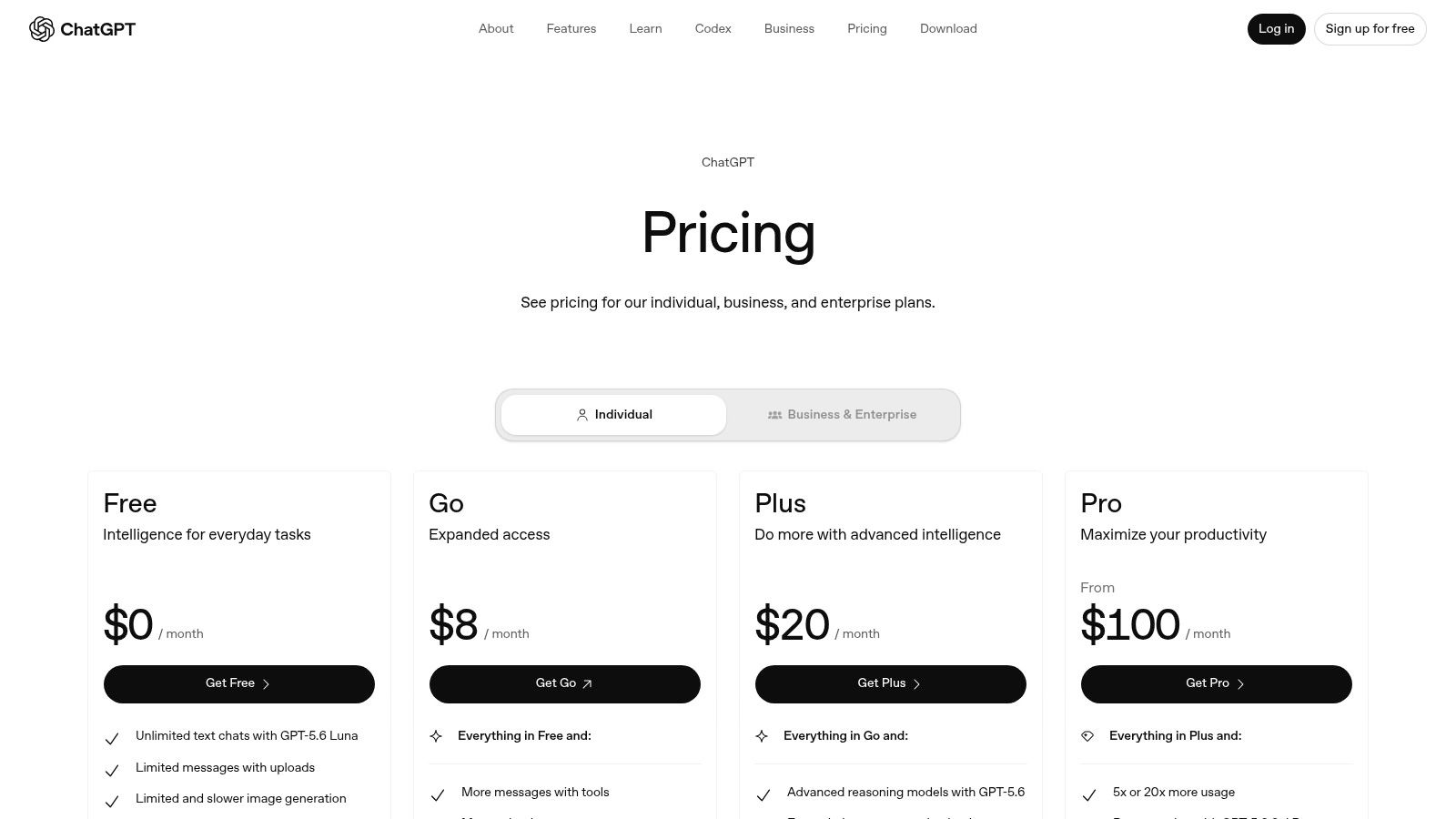 The official OpenAI pricing page for ChatGPT, showing the details for the Free, Plus, and Pro plans.