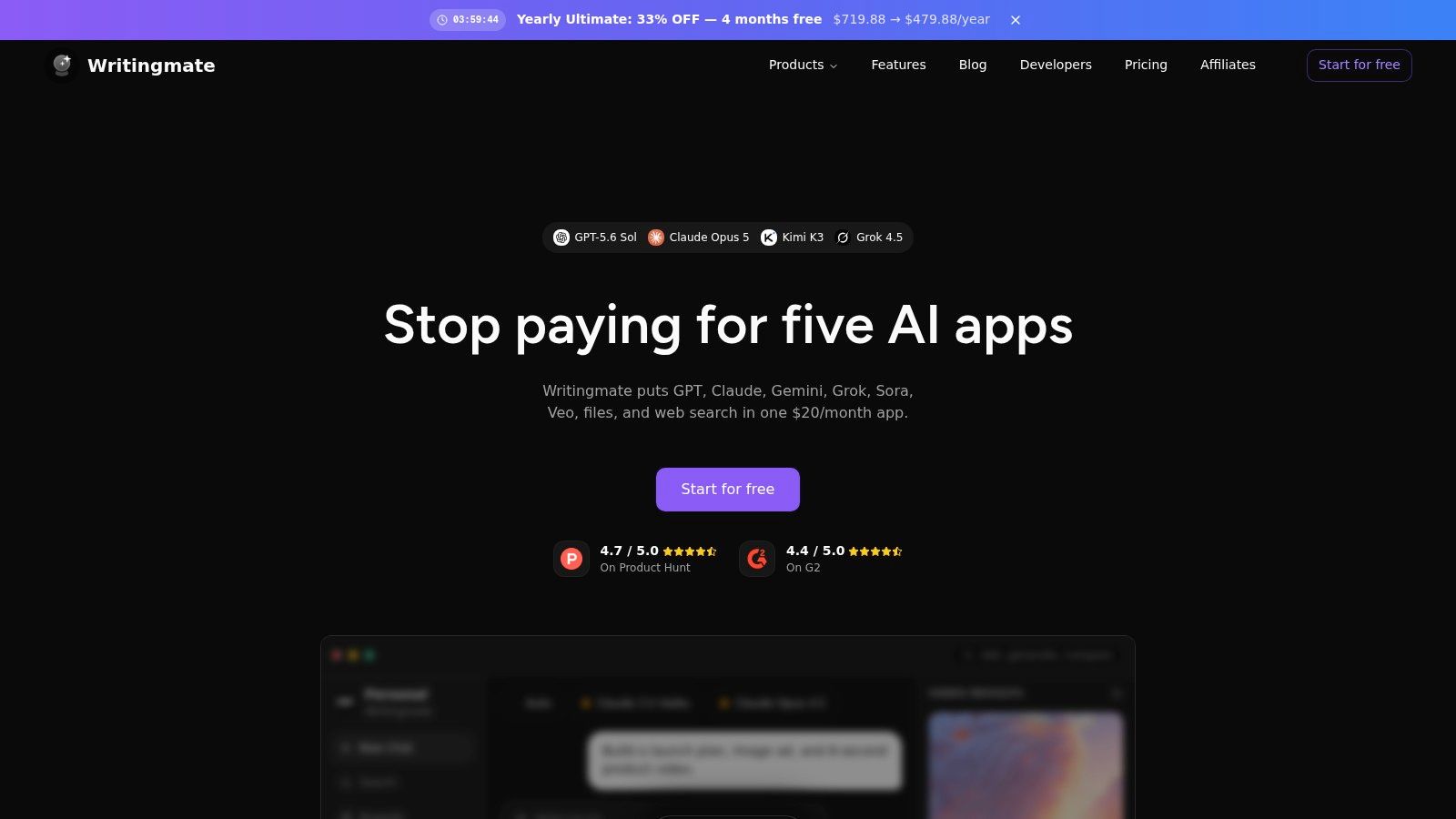 A screenshot of the Writingmate platform interface, displaying the ability to select from various AI models including Claude and GPT.
