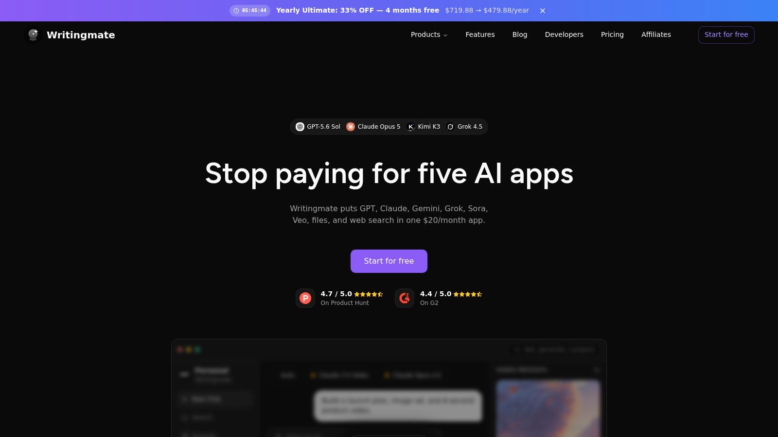A screenshot of the Writingmate AI platform homepage, showcasing its features like multi-model access and AI assistants.