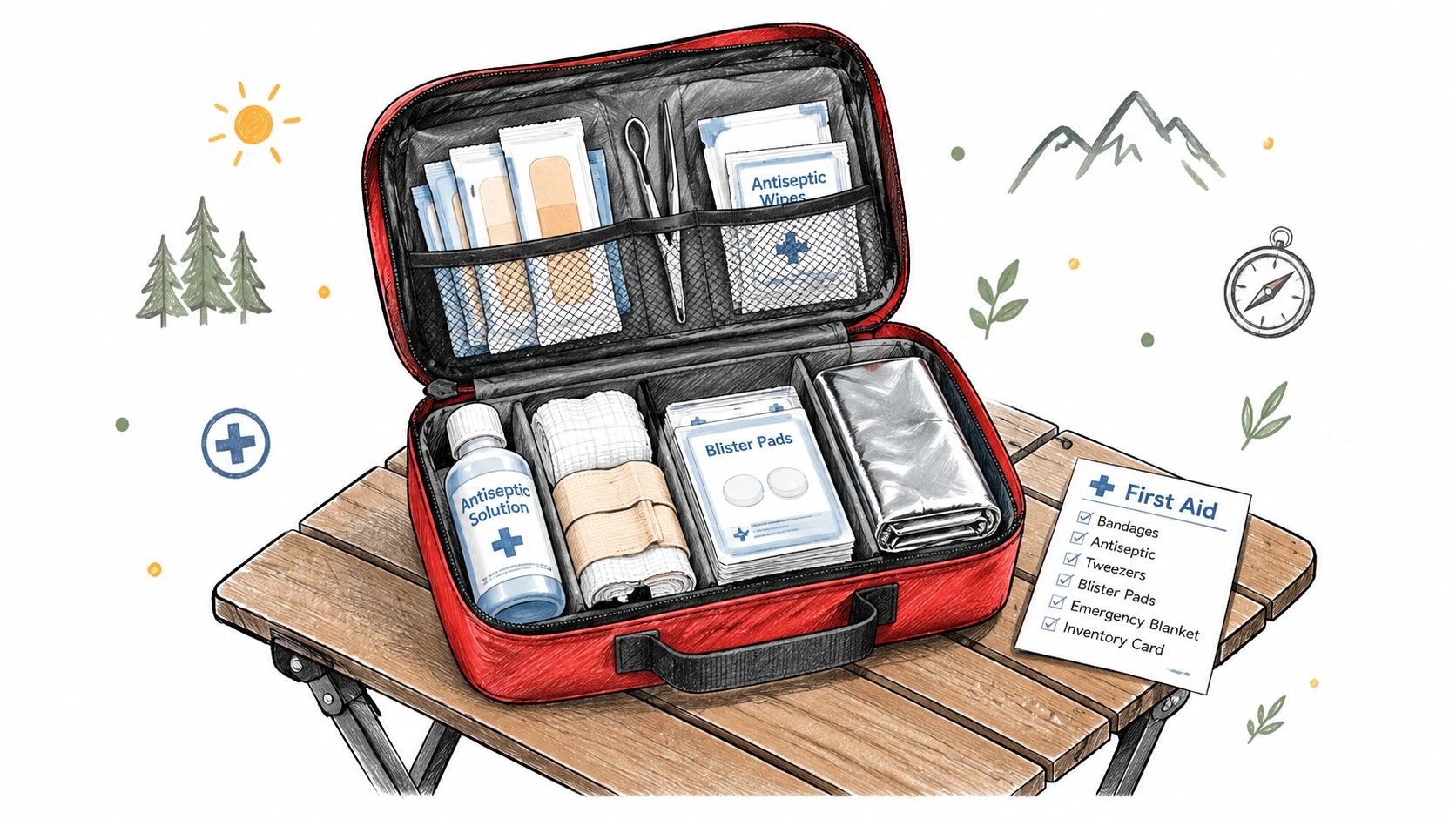 A red first aid kit open on a wooden table, containing essential medical supplies for camping trips.