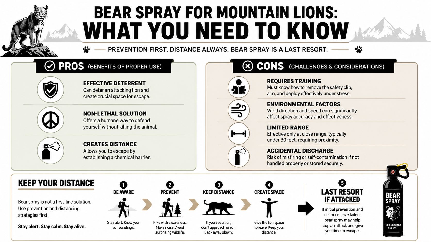 An infographic detailing the pros, cons, and safety protocols of using bear spray for mountain lion encounters.