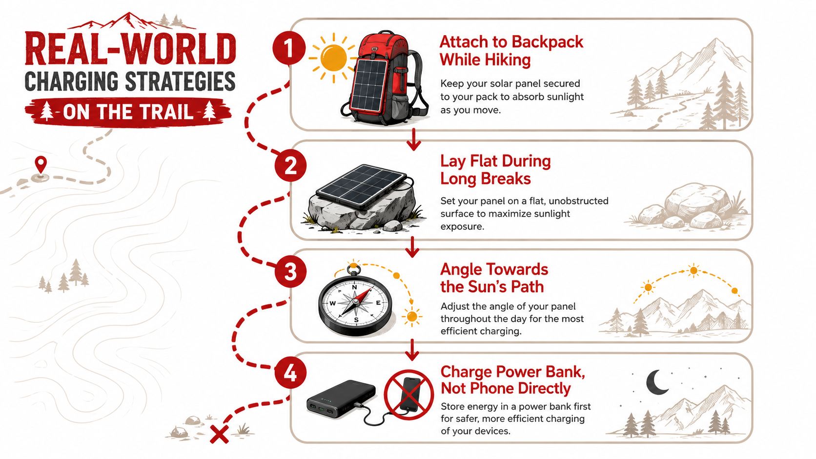 An infographic showing four effective strategies for using a solar charger while hiking on a trail.