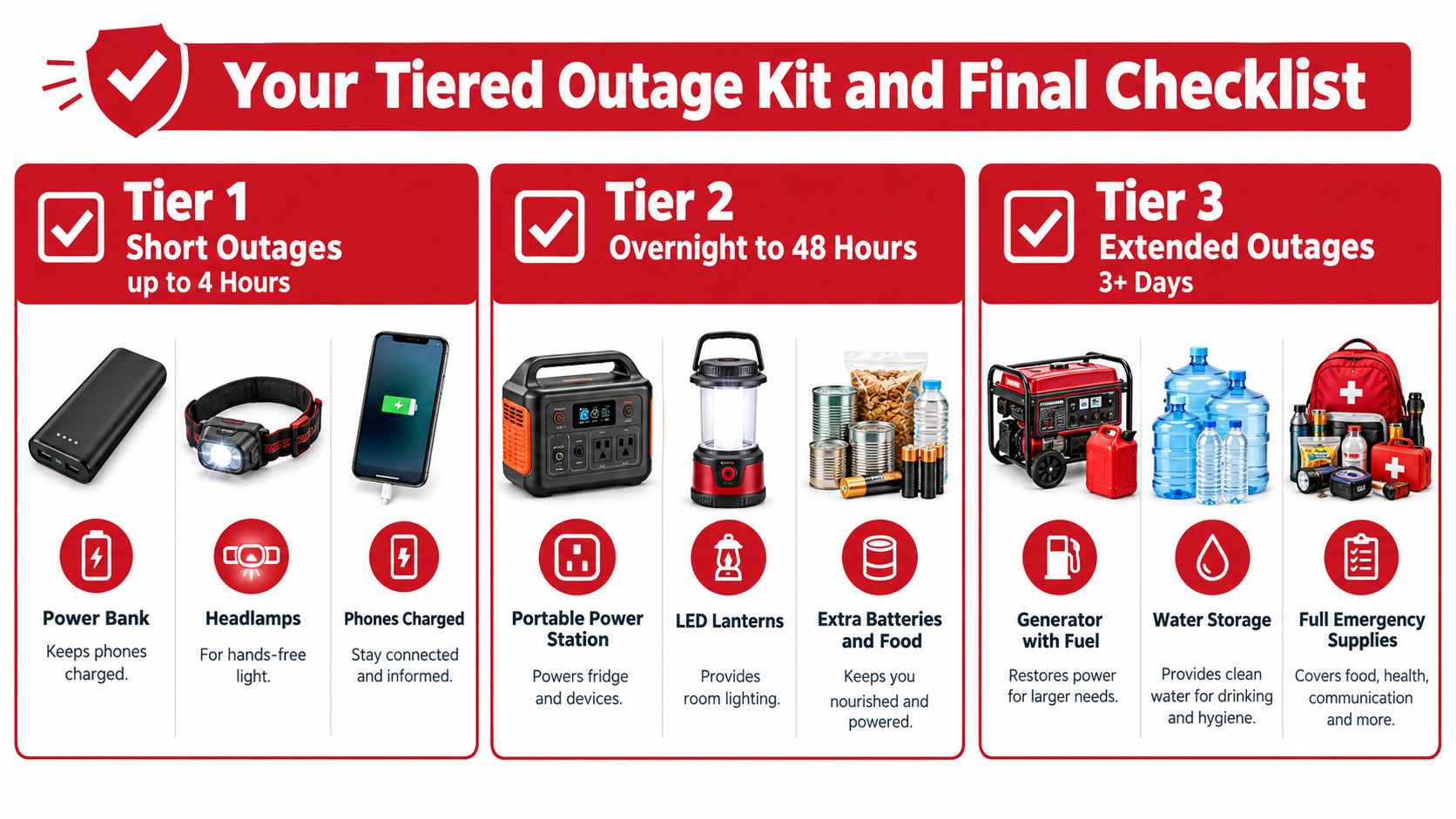 An infographic detailing a tiered power outage preparation checklist for short, medium, and extended emergency situations.