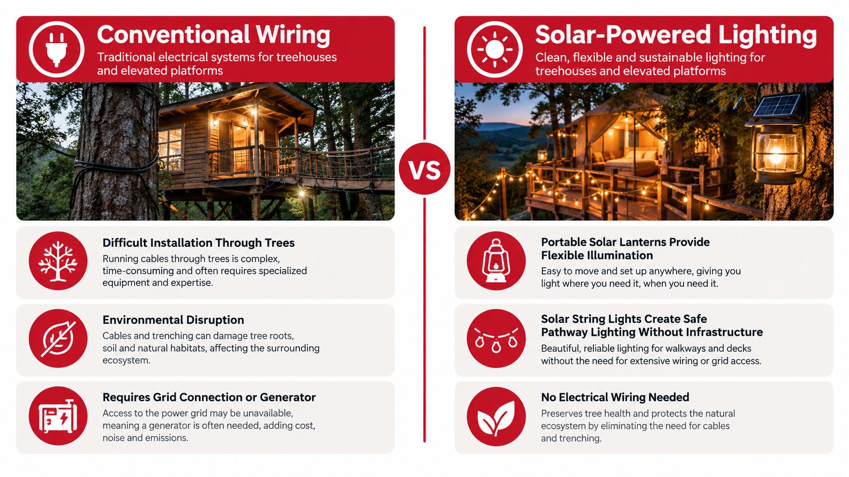 A comparison infographic between conventional electrical wiring and solar-powered lighting systems for treehouses and elevated platforms.