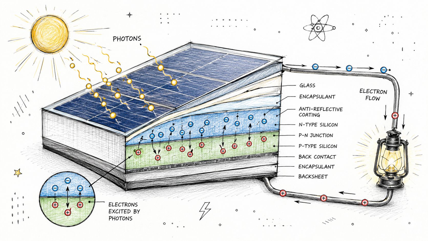 A diagram illustrating the internal components of a solar panel and the process of converting photons into electricity.