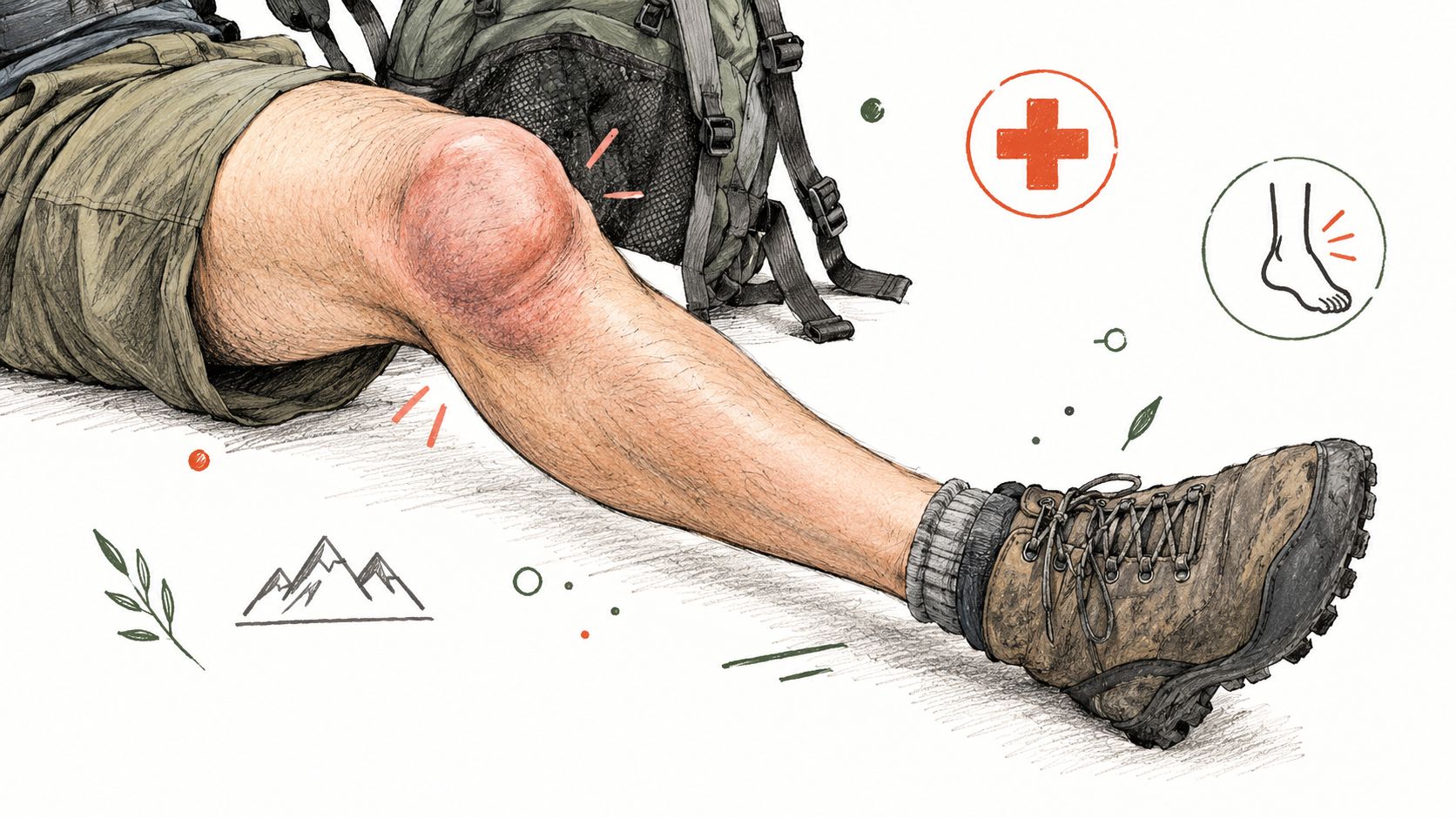 A digital illustration showing a person's injured, swollen knee while hiking with medical icons indicating a potential injury.