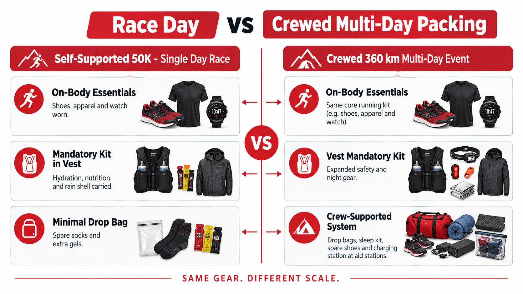 A comparison chart showing the differences in gear between a self-supported 50K race and a crewed multi-day event.