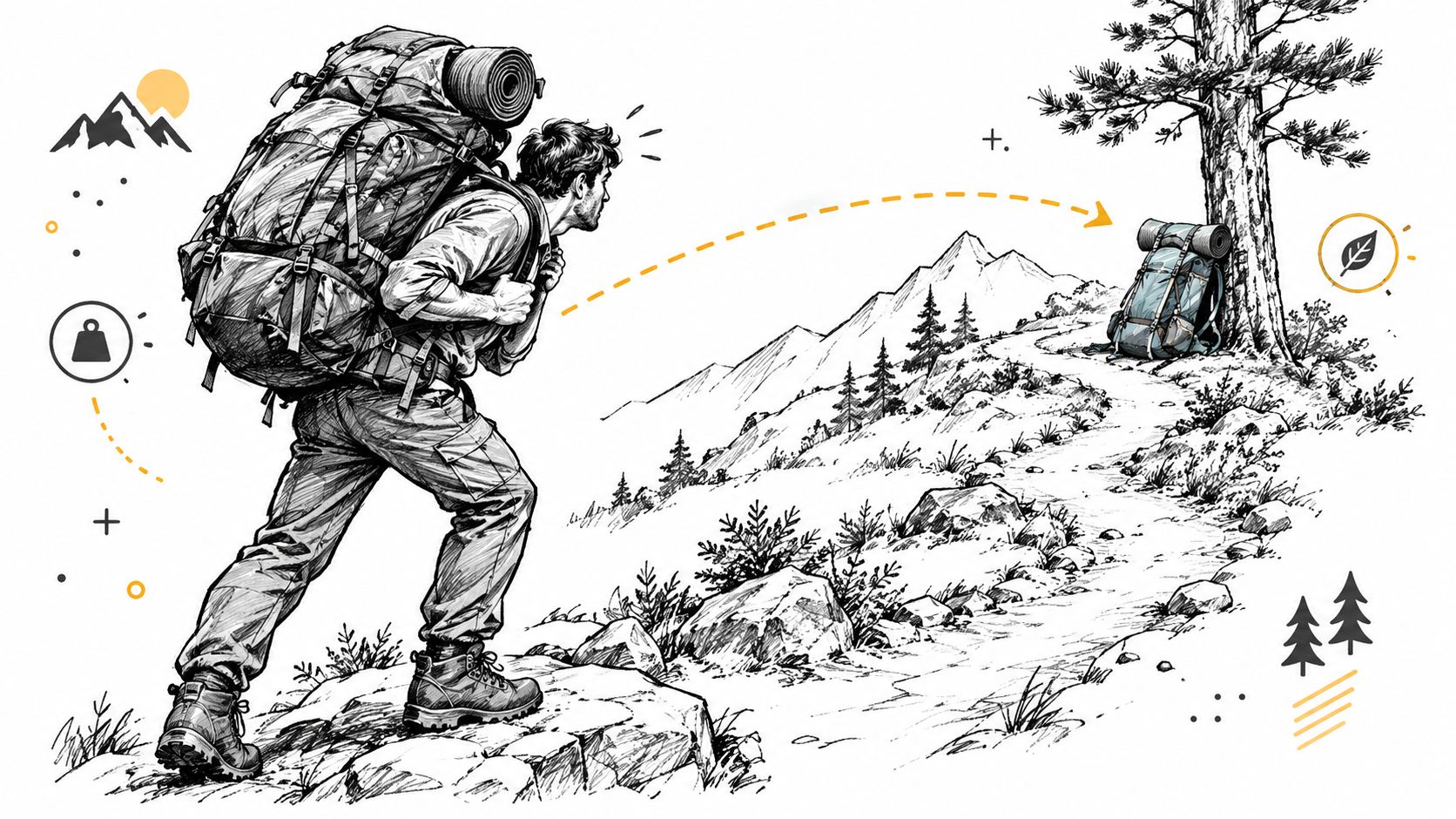 An illustration of a hiker carrying a heavy pack on a trail towards a lighter backpack setup