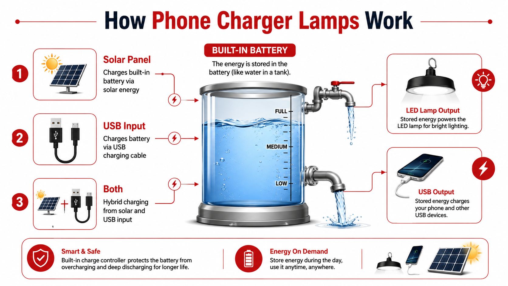 A diagram explaining how a portable phone charger lamp stores and uses solar and USB energy.