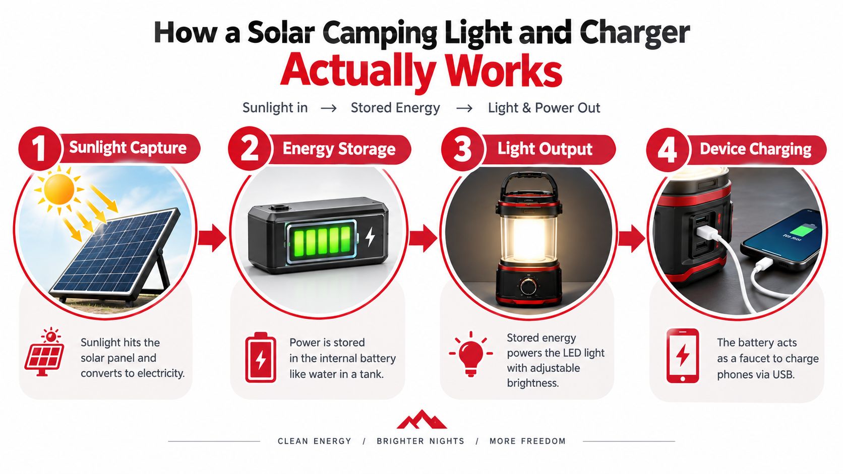 An infographic showing the four steps of how a solar camping light and charger functions.