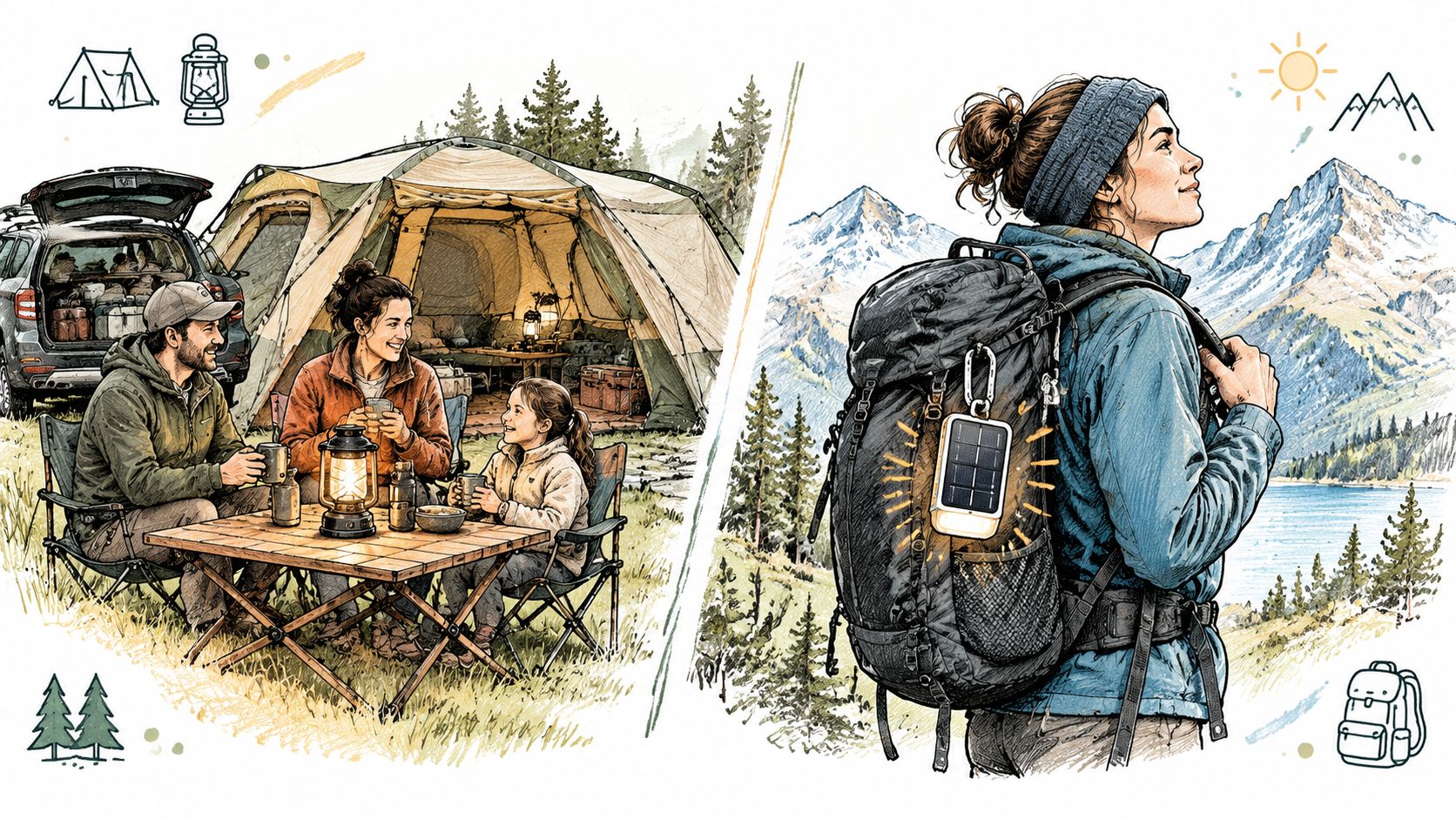 A family camping near their tent and a hiker using a portable solar camping light and charger.