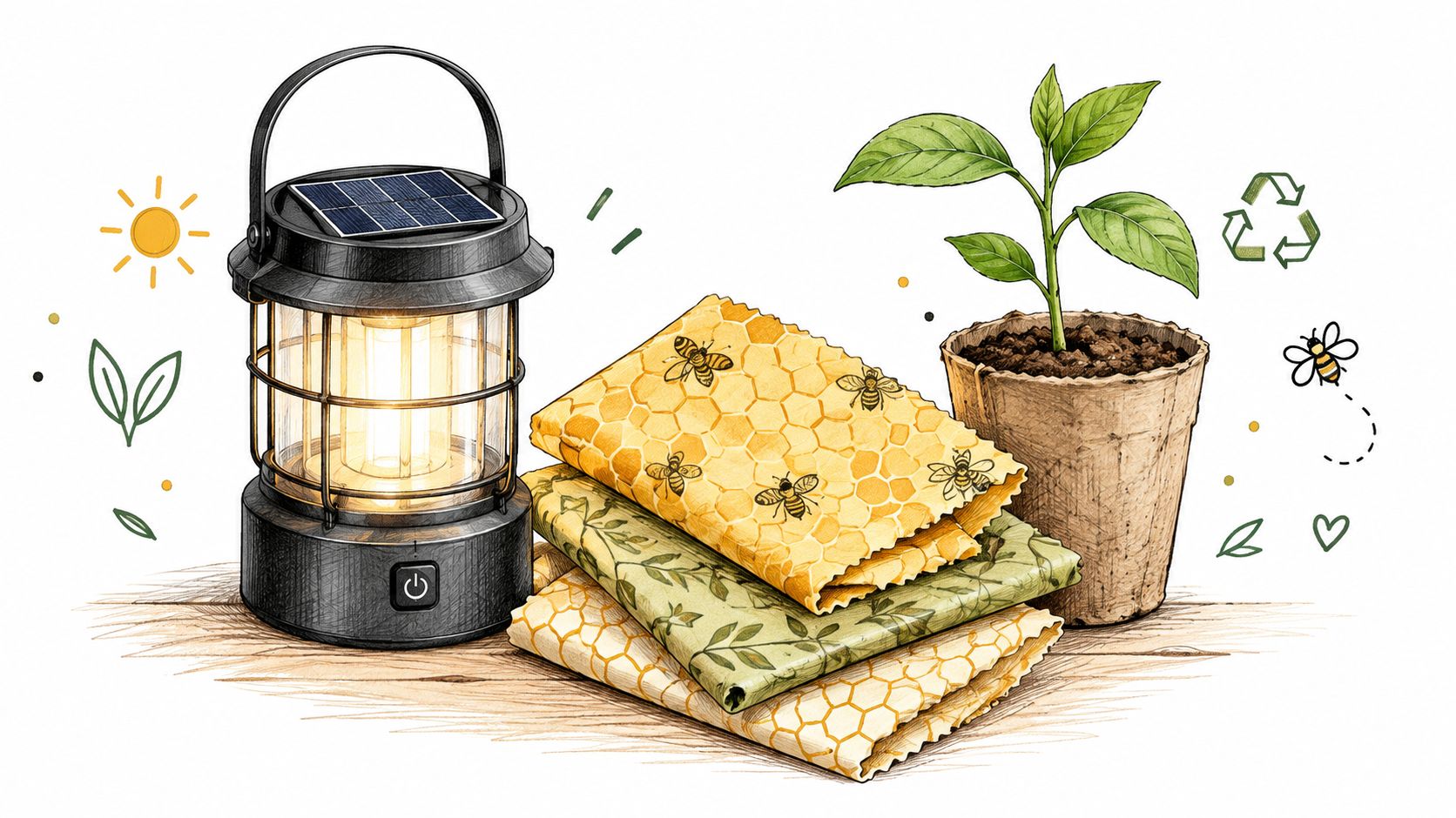A collection of eco-friendly, practical housewarming gifts including a solar lantern, beeswax wraps, and a potted plant.