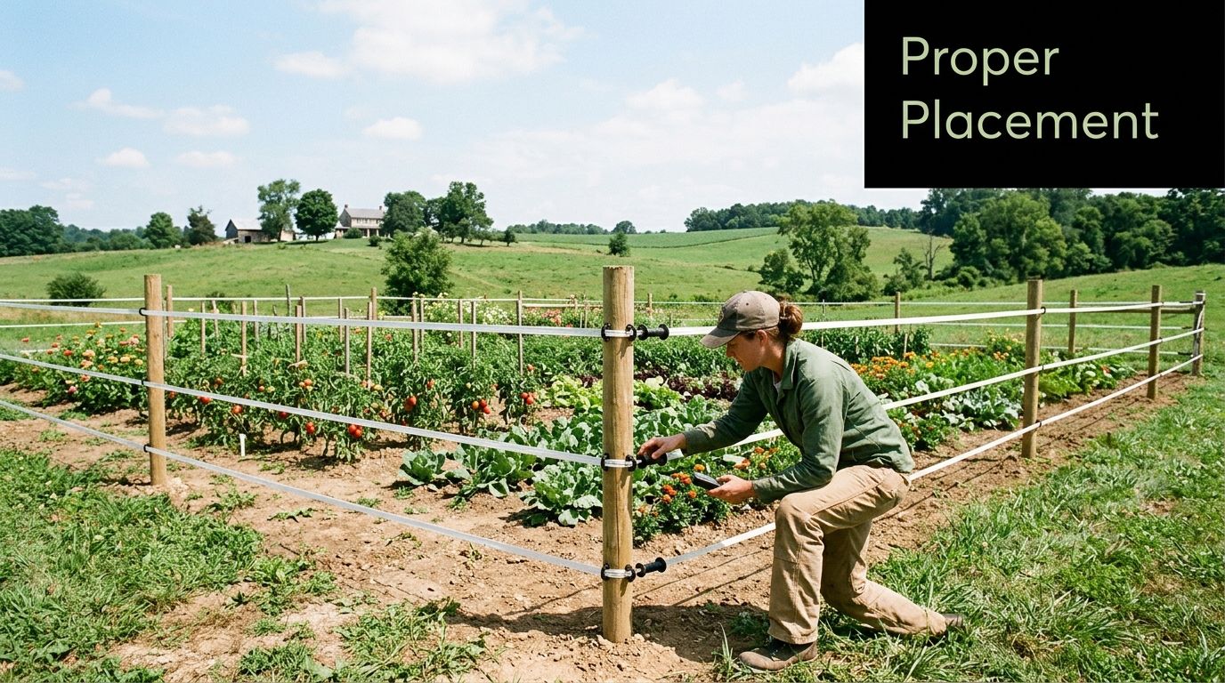 A farmer inspects a wildlife deterrent fencing system installed around a vegetable garden in a rural landscape.