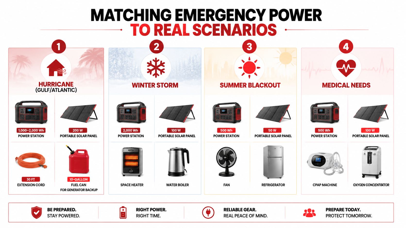 An infographic showing recommended emergency power setups for hurricanes, winter storms, summer blackouts, and medical needs.