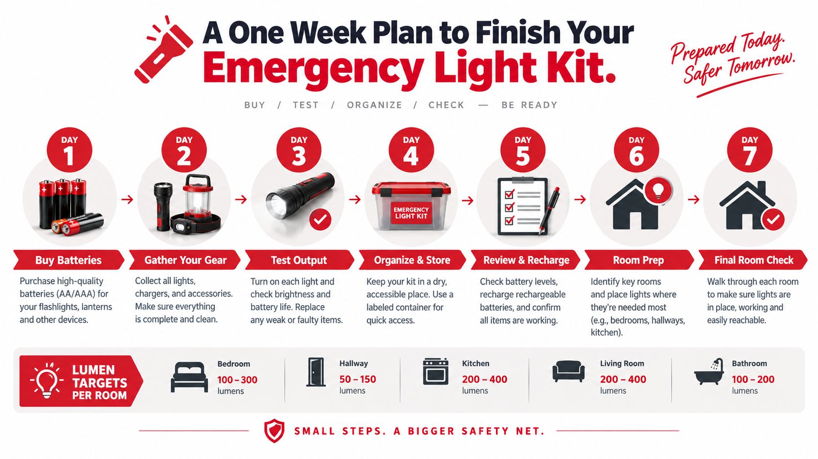 A seven-day checklist for building an emergency light kit, featuring steps from gathering batteries to room placement.