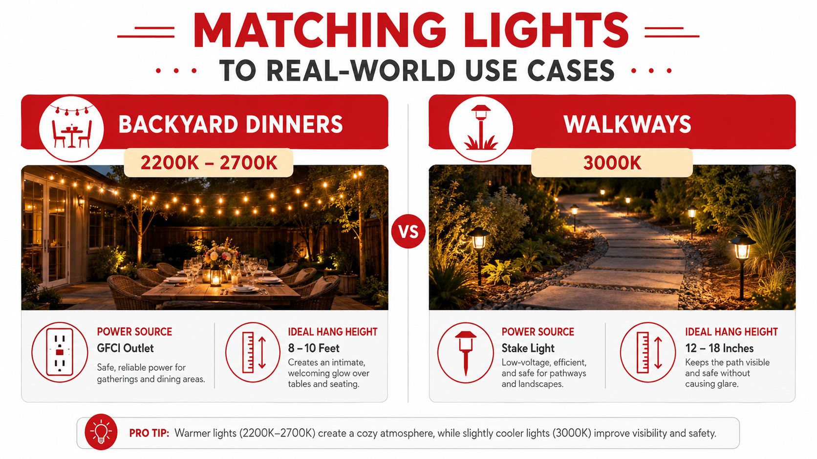 An infographic comparing warm outdoor string lights for dining areas and cooler stake lights for walkways.