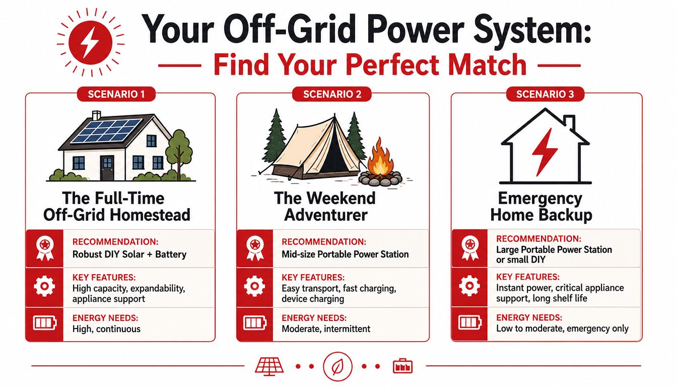 An infographic comparing three off-grid power systems for homesteading, camping, and emergency home backup scenarios.