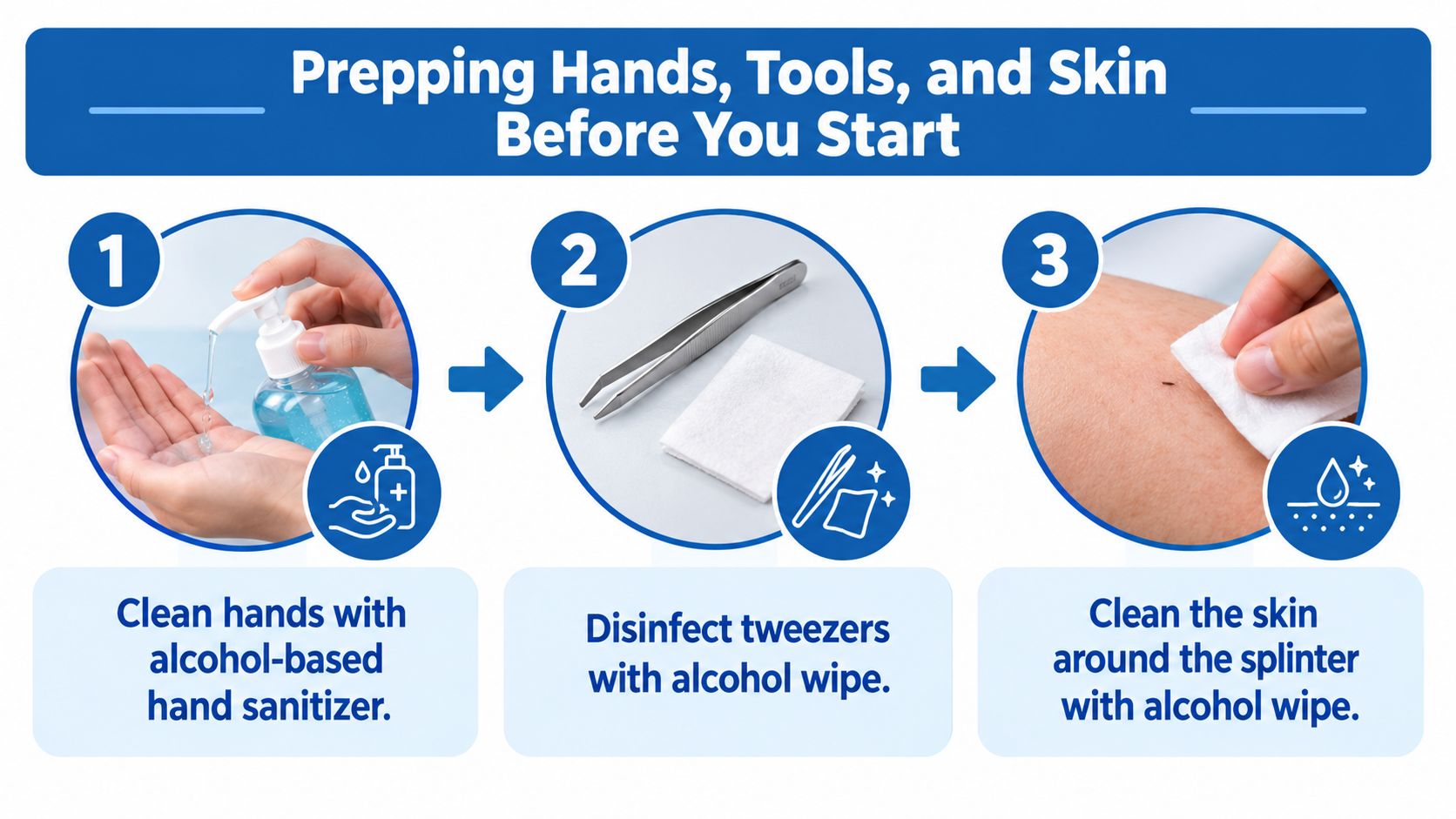 Three step infographic illustrating how to sanitize hands, tweezers, and skin before removing a splinter.