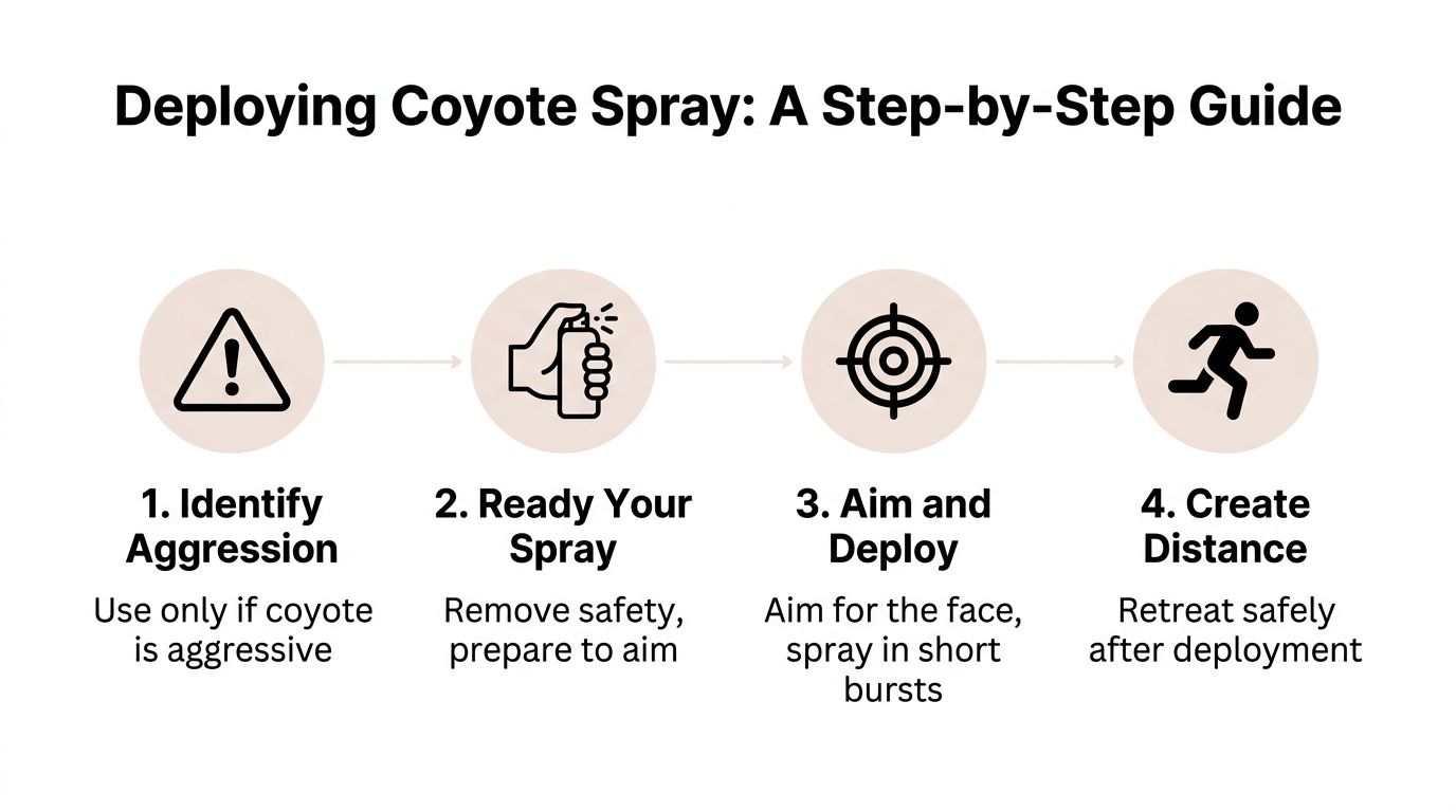 A four-step infographic illustrating how to safely deploy coyote spray during an aggressive encounter.