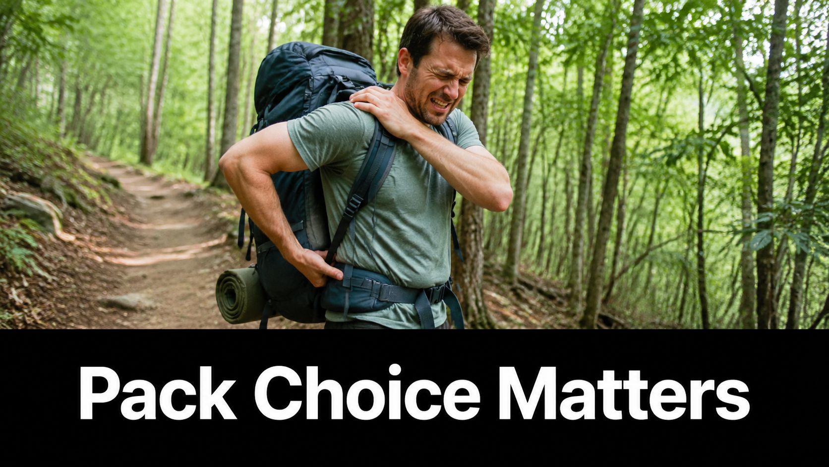 A hiker struggling with shoulder pain while wearing a large, improperly adjusted backpacking pack in nature.