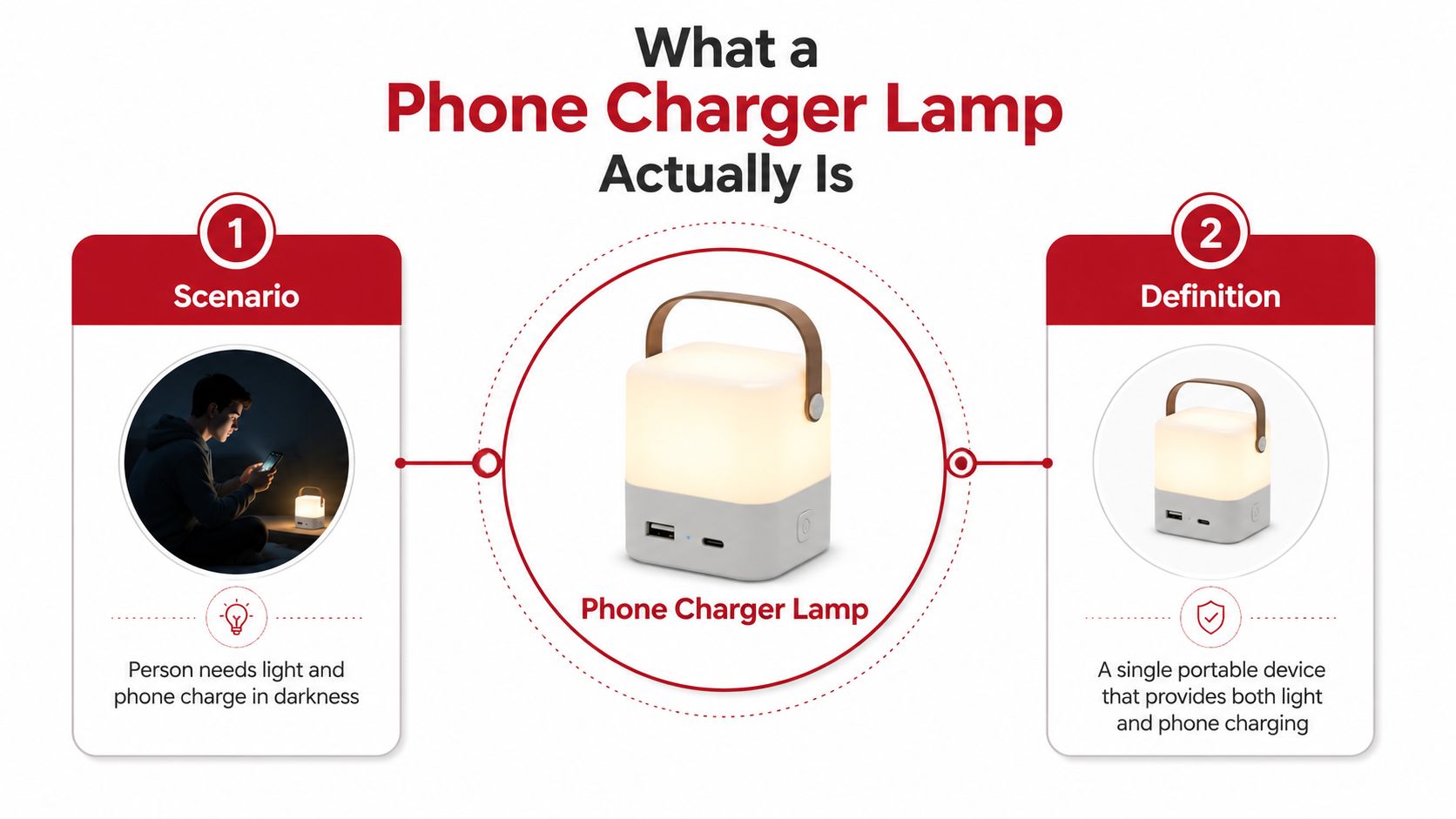 An infographic explaining that a phone charger lamp is a portable device providing both illumination and power.