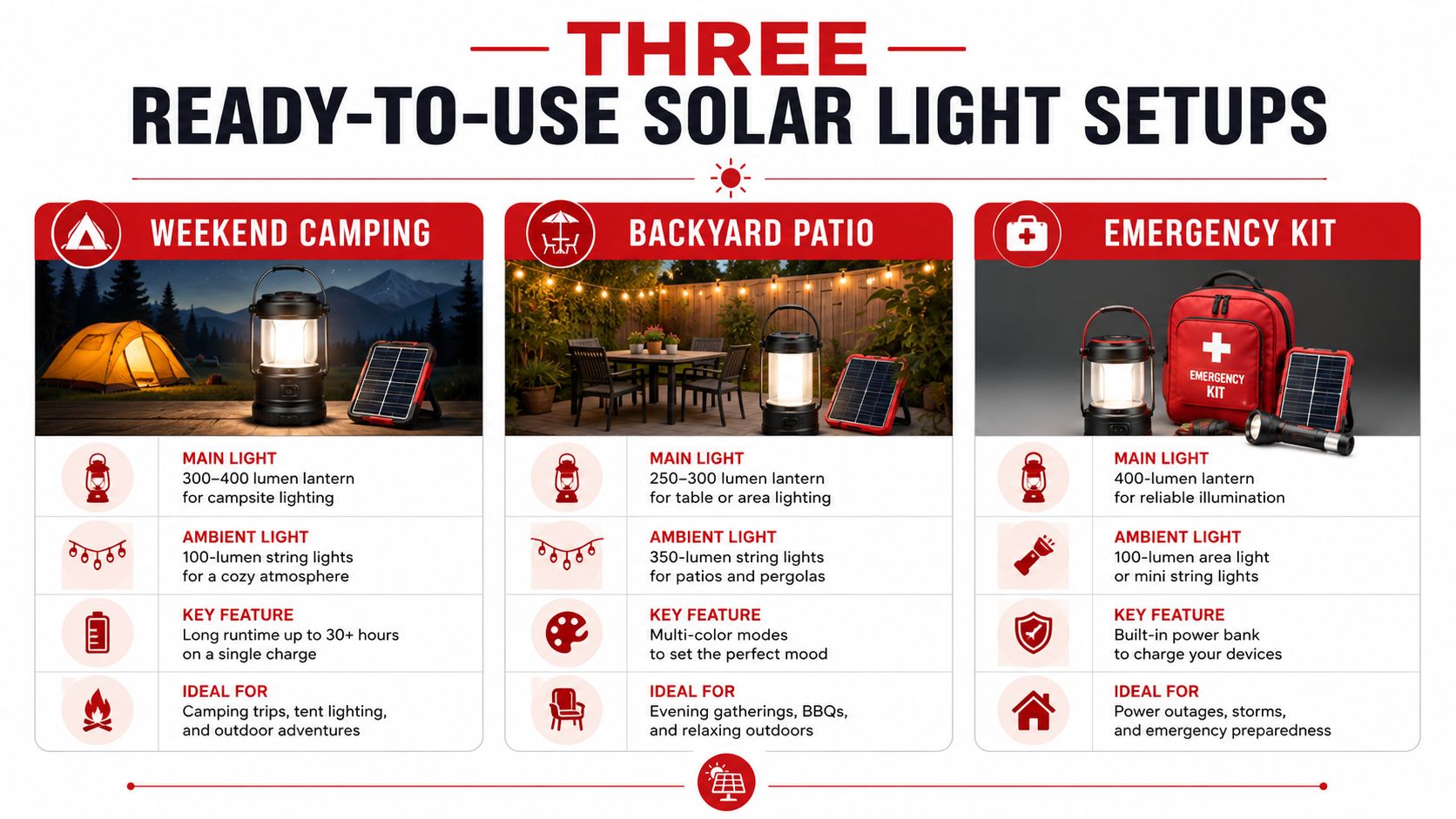 A graphic comparing three different solar lighting setups for camping, backyard patios, and emergency preparedness kits.