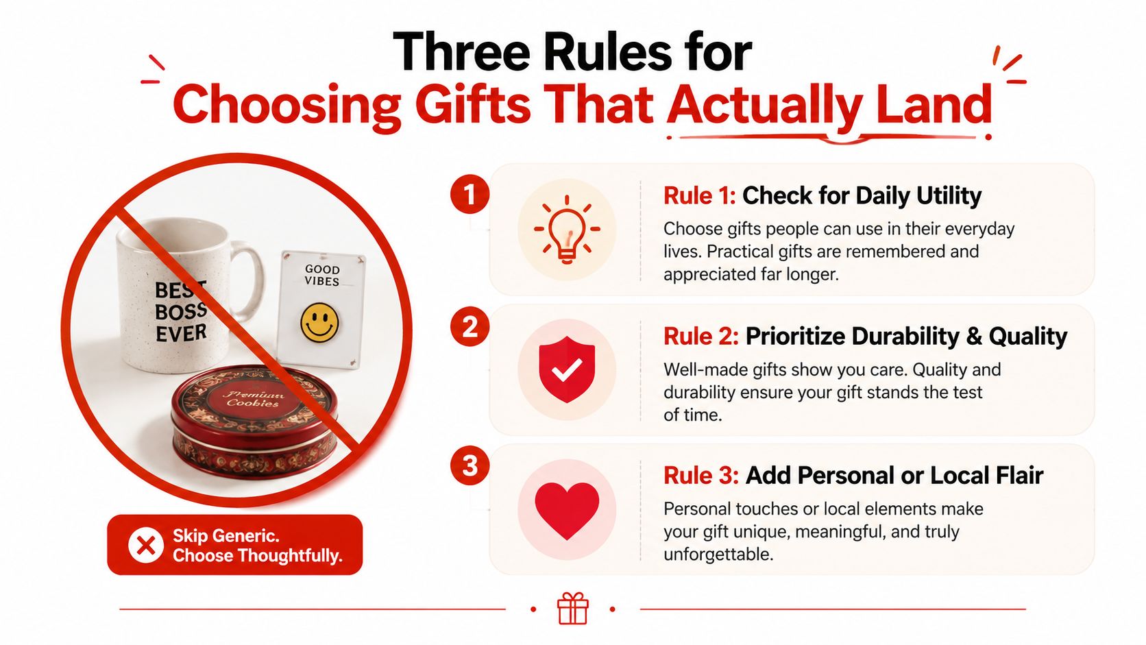 An infographic titled Three Rules for Choosing Gifts That Actually Land with advice on thoughtful gifting.
