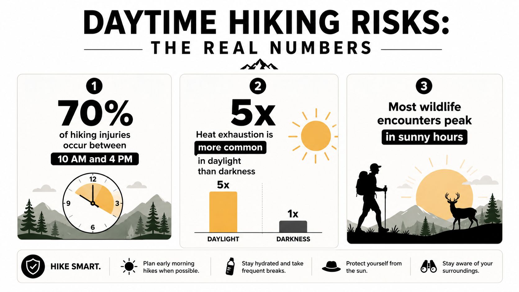 An infographic detailing hiking risks by explaining why most injuries and heat exhaustion occur during daytime hours.