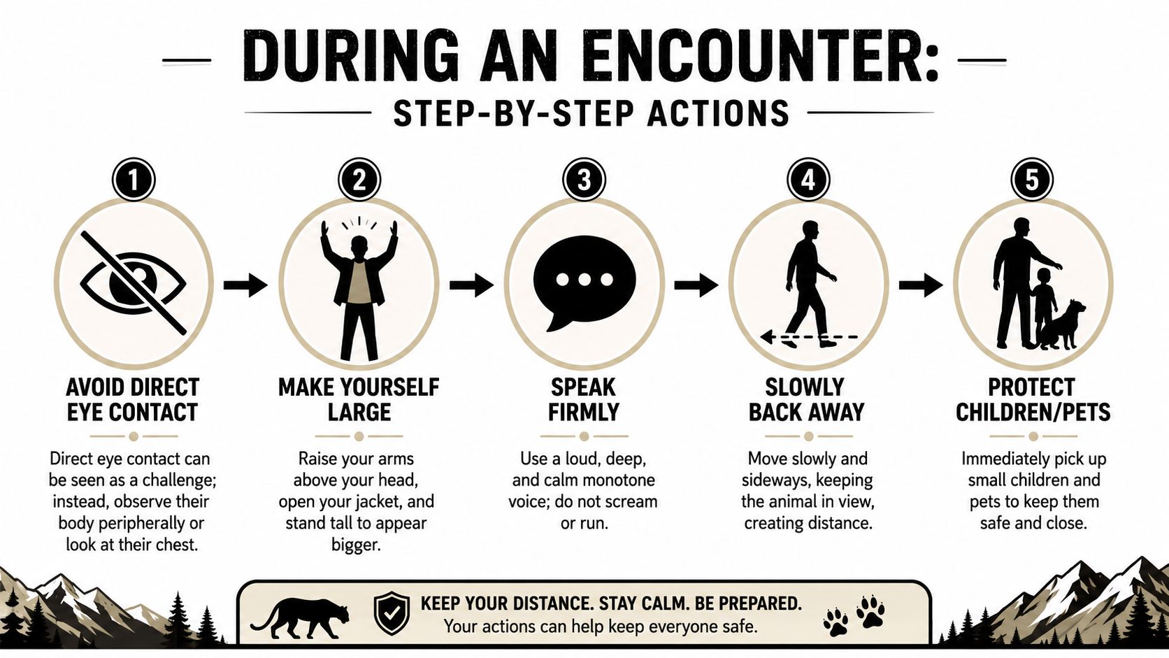 An instructional graphic showing five numbered steps for safety during a mountain lion encounter in the wild.