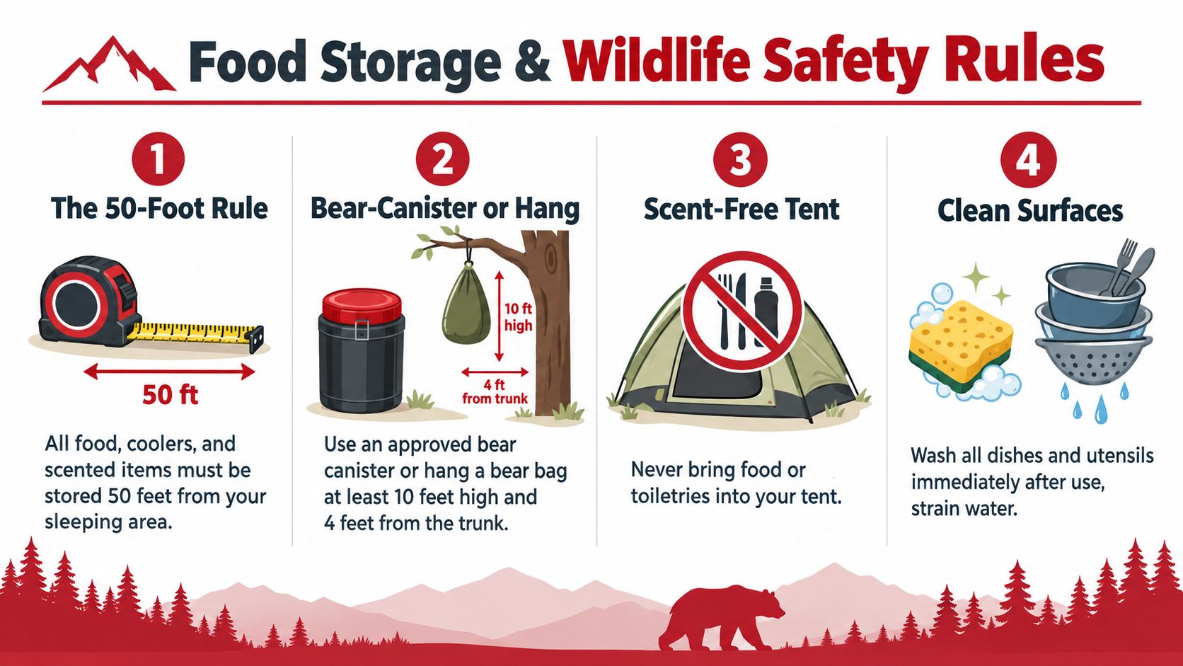 An infographic detailing essential food storage and wildlife safety rules for campers to prevent bear encounters.