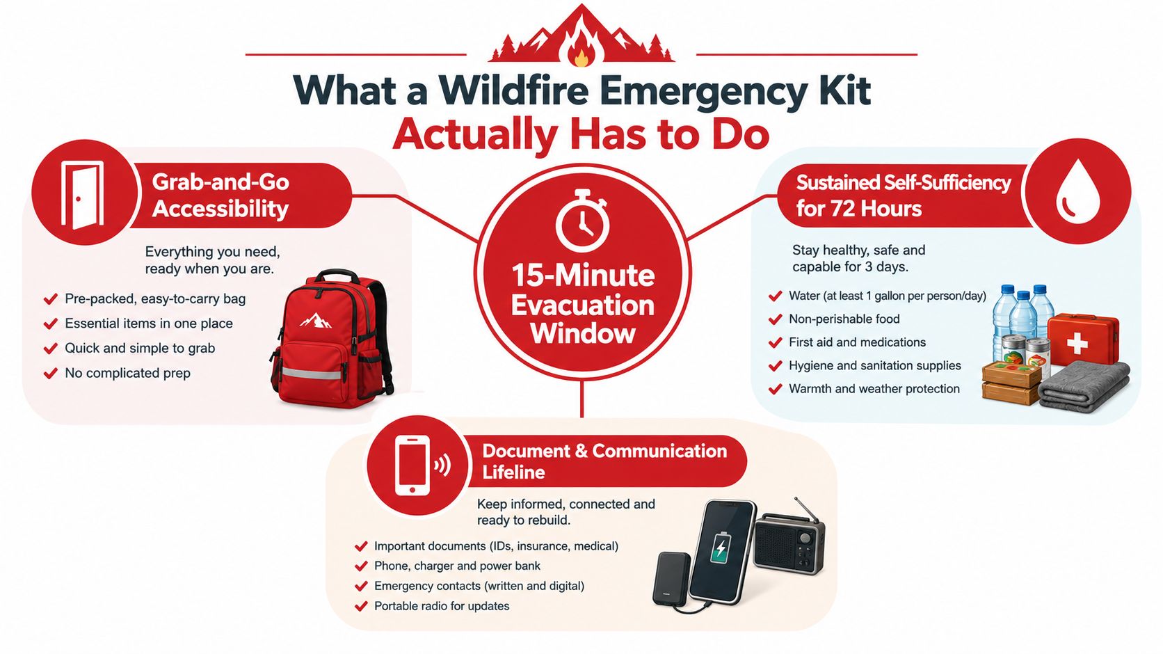 An infographic detailing essential items for a wildfire emergency kit within a 15-minute evacuation window.