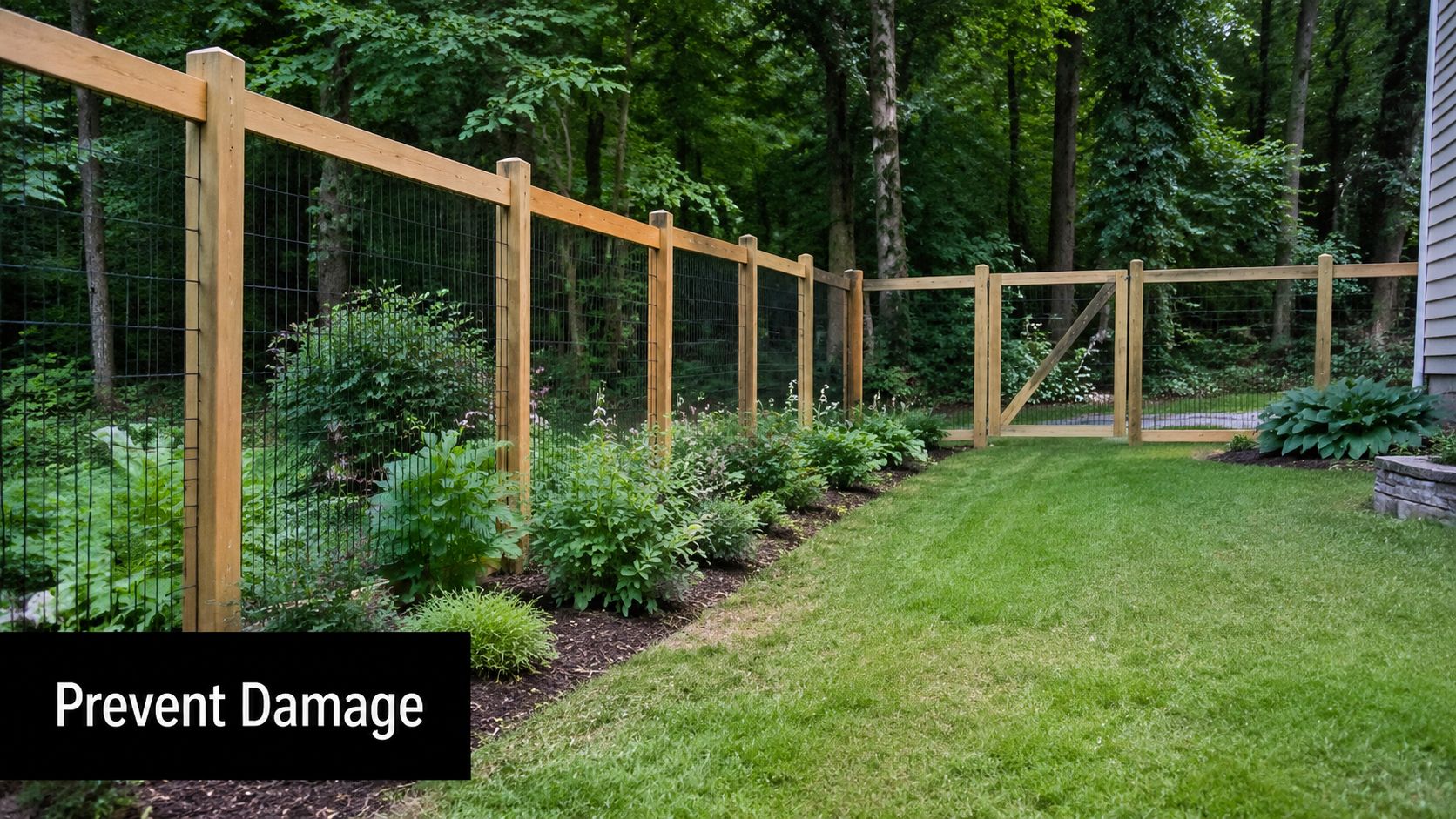 A tall wooden garden fence with wire mesh installed to protect plants from animal damage.