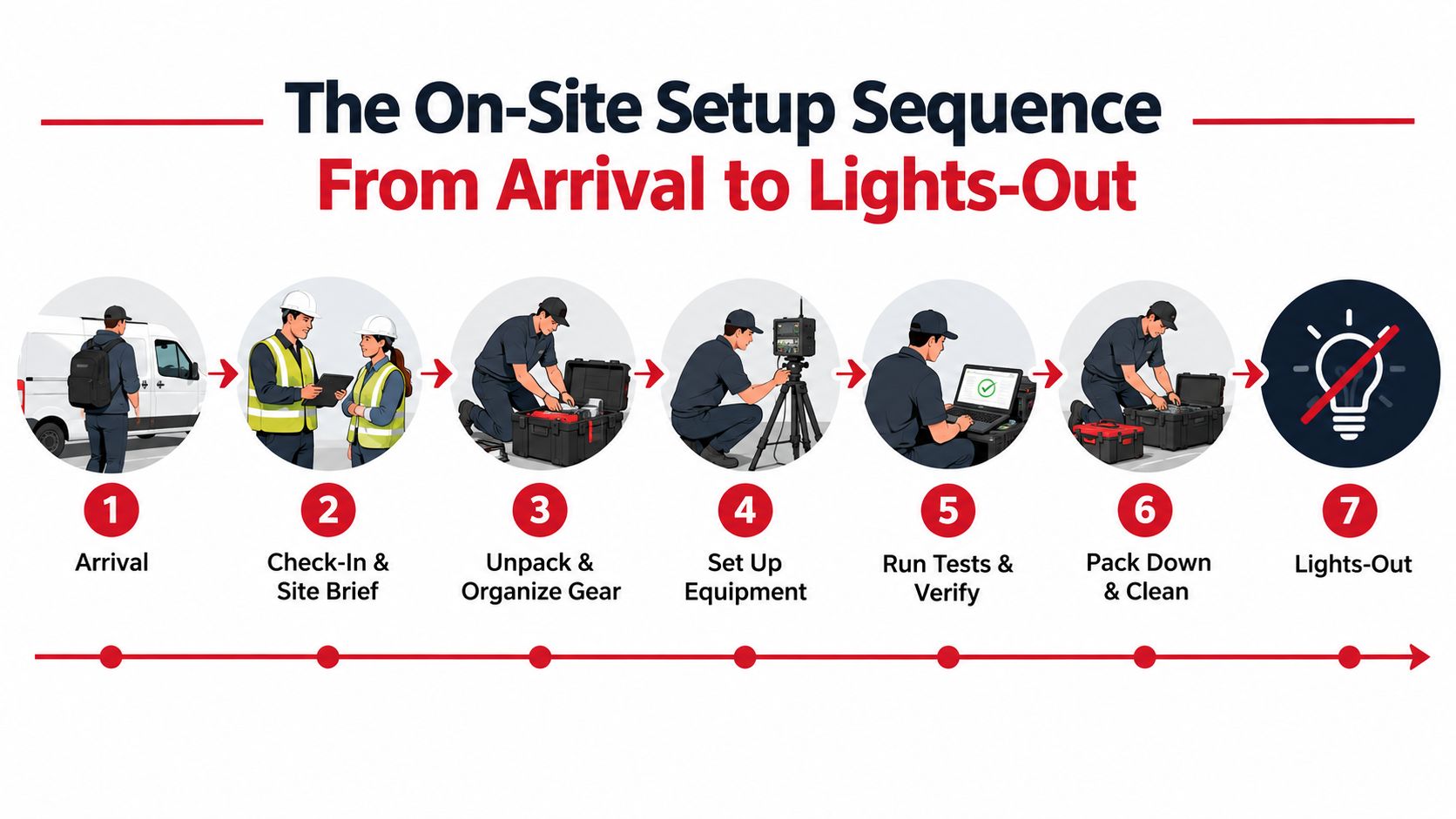 A seven step infographic illustrating the professional on-site setup sequence from arrival to lights-out.