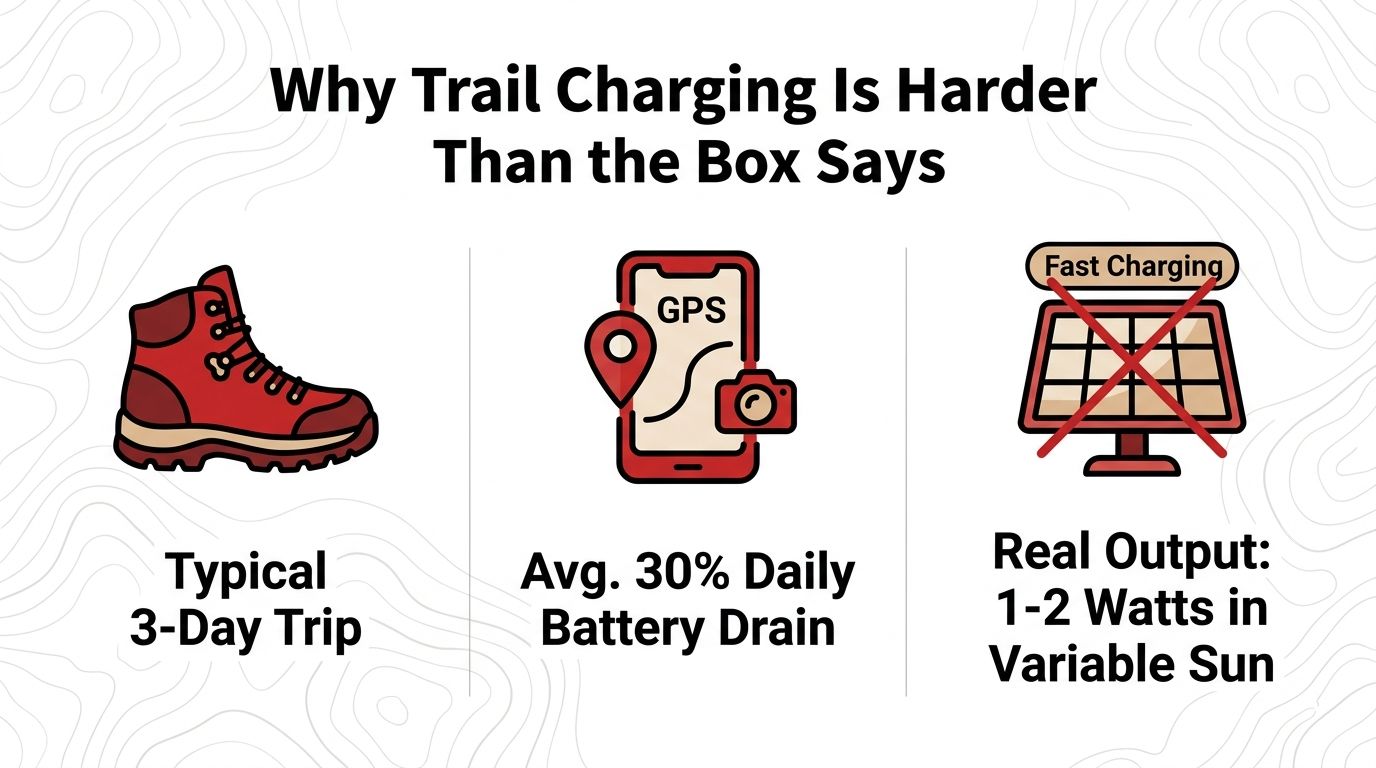 An infographic showing why trail charging is difficult for hikers due to power usage and low solar output.