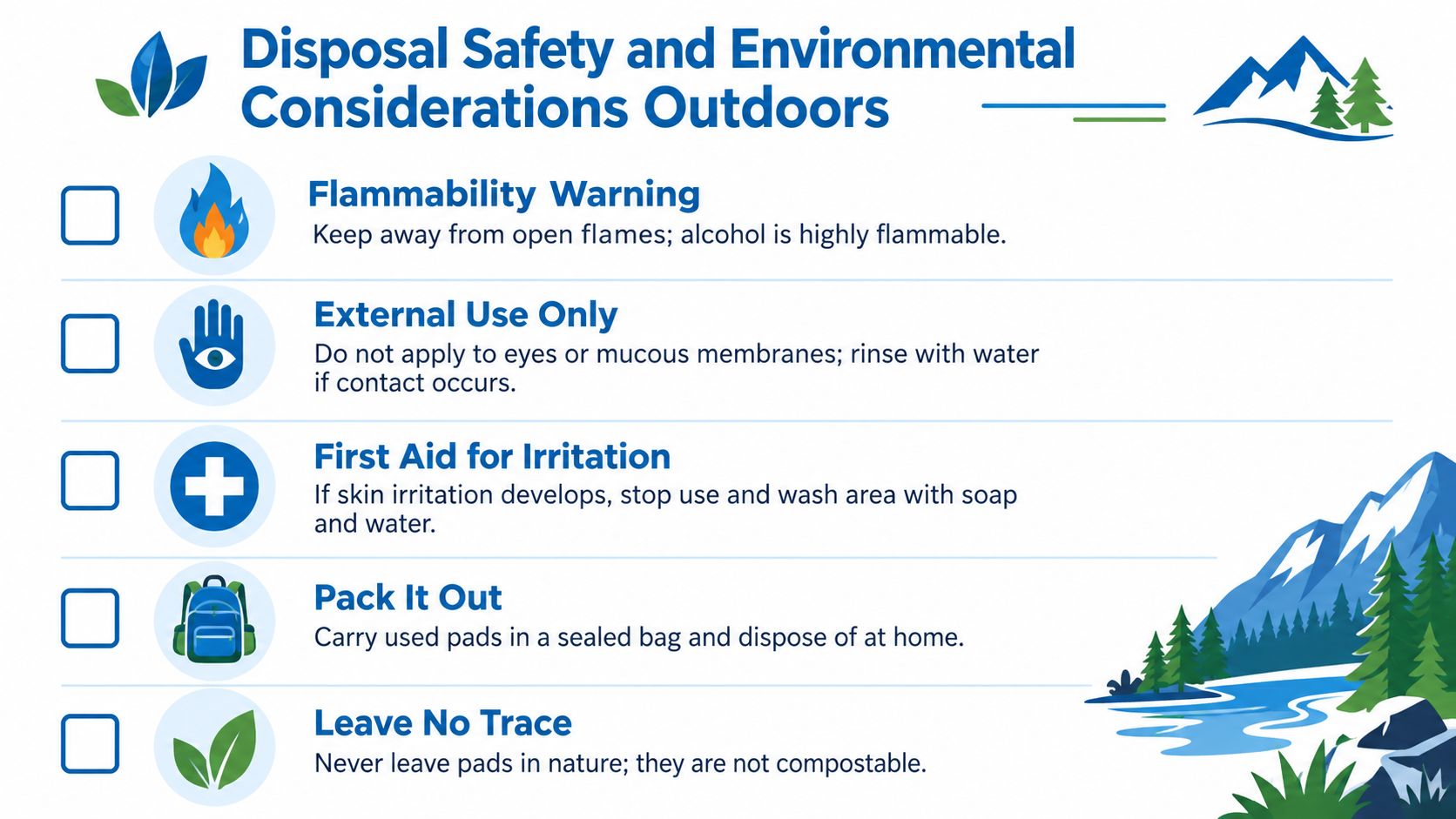An infographic detailing safety warnings and environmental disposal guidelines for using alcohol pads outdoors in nature.
