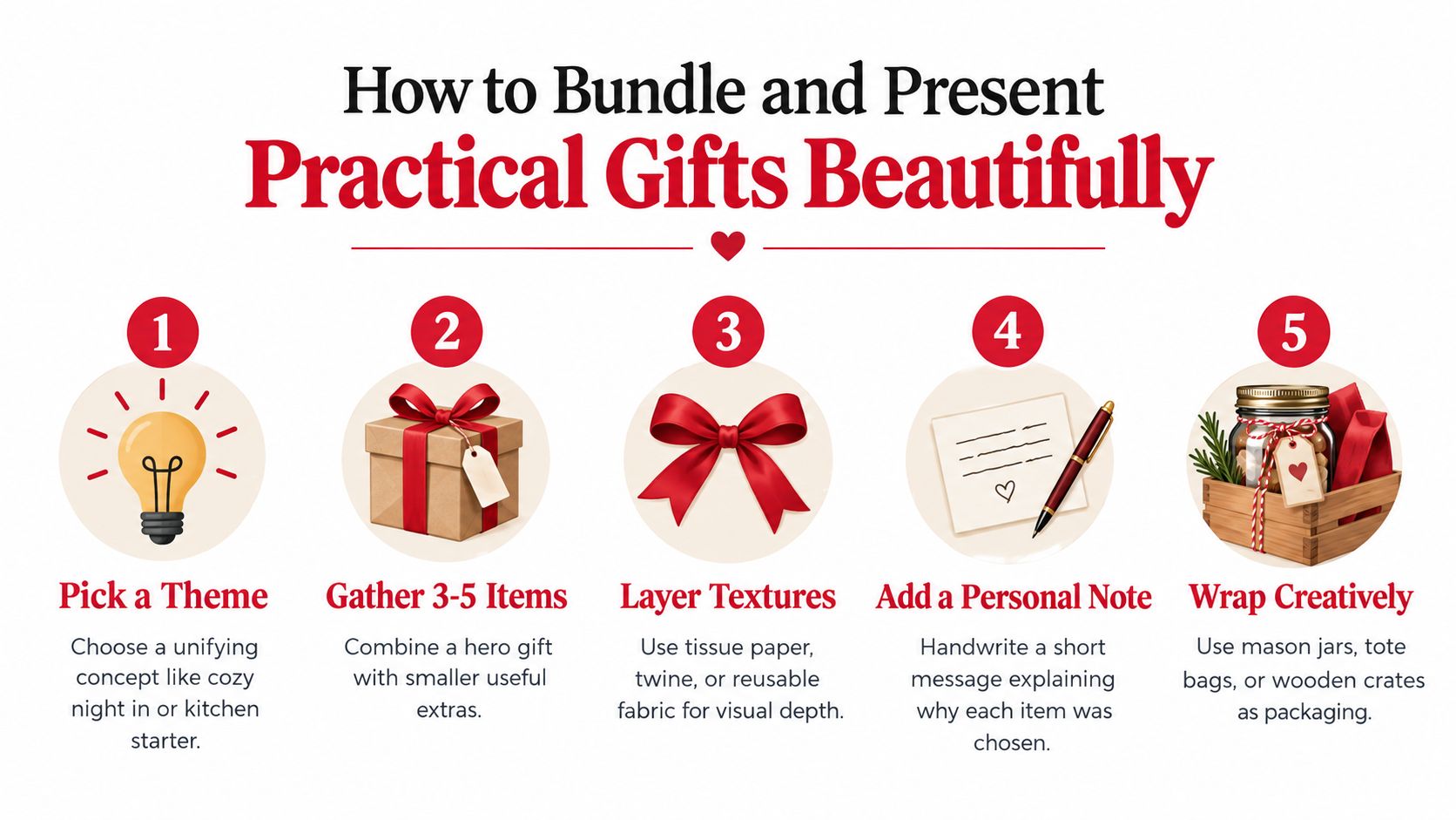 A five-step instructional infographic on how to bundle and present practical gifts beautifully with creative wrapping ideas.
