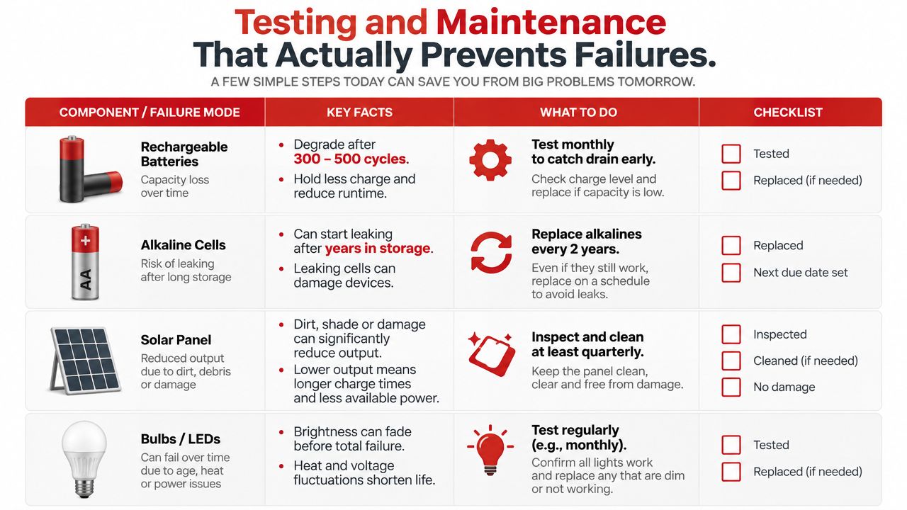 A maintenance chart detailing how to test and maintain batteries, solar panels, and bulbs to prevent failures.