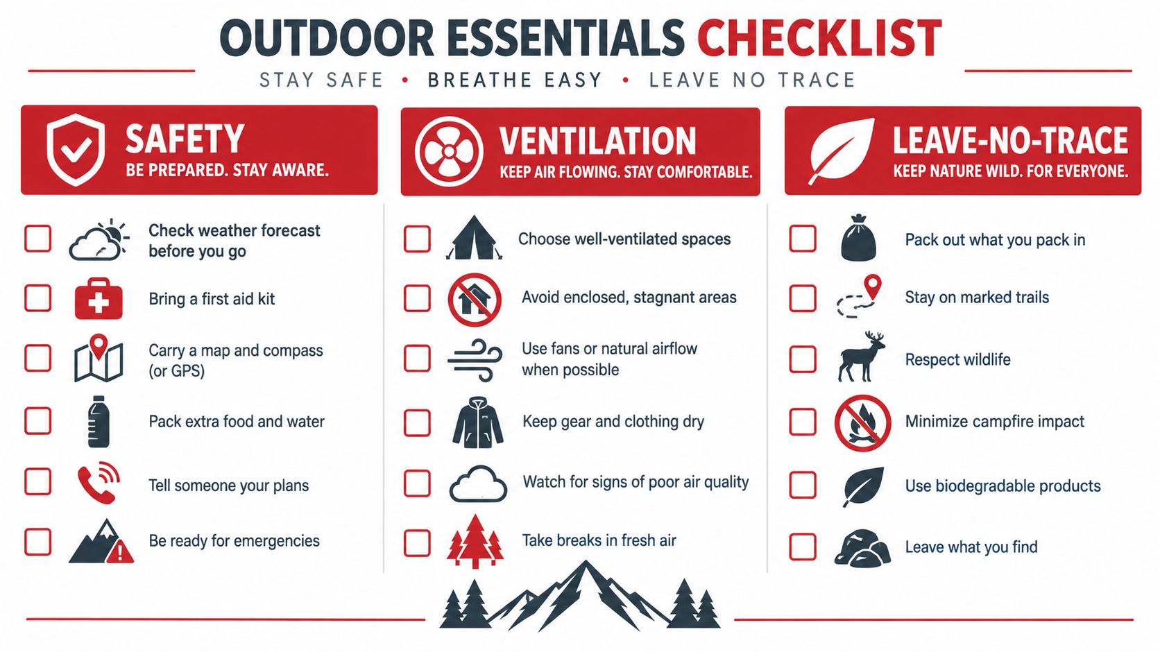 An outdoor essentials checklist infographic covering safety, ventilation tips, and leave-no-trace principles for outdoor activities.