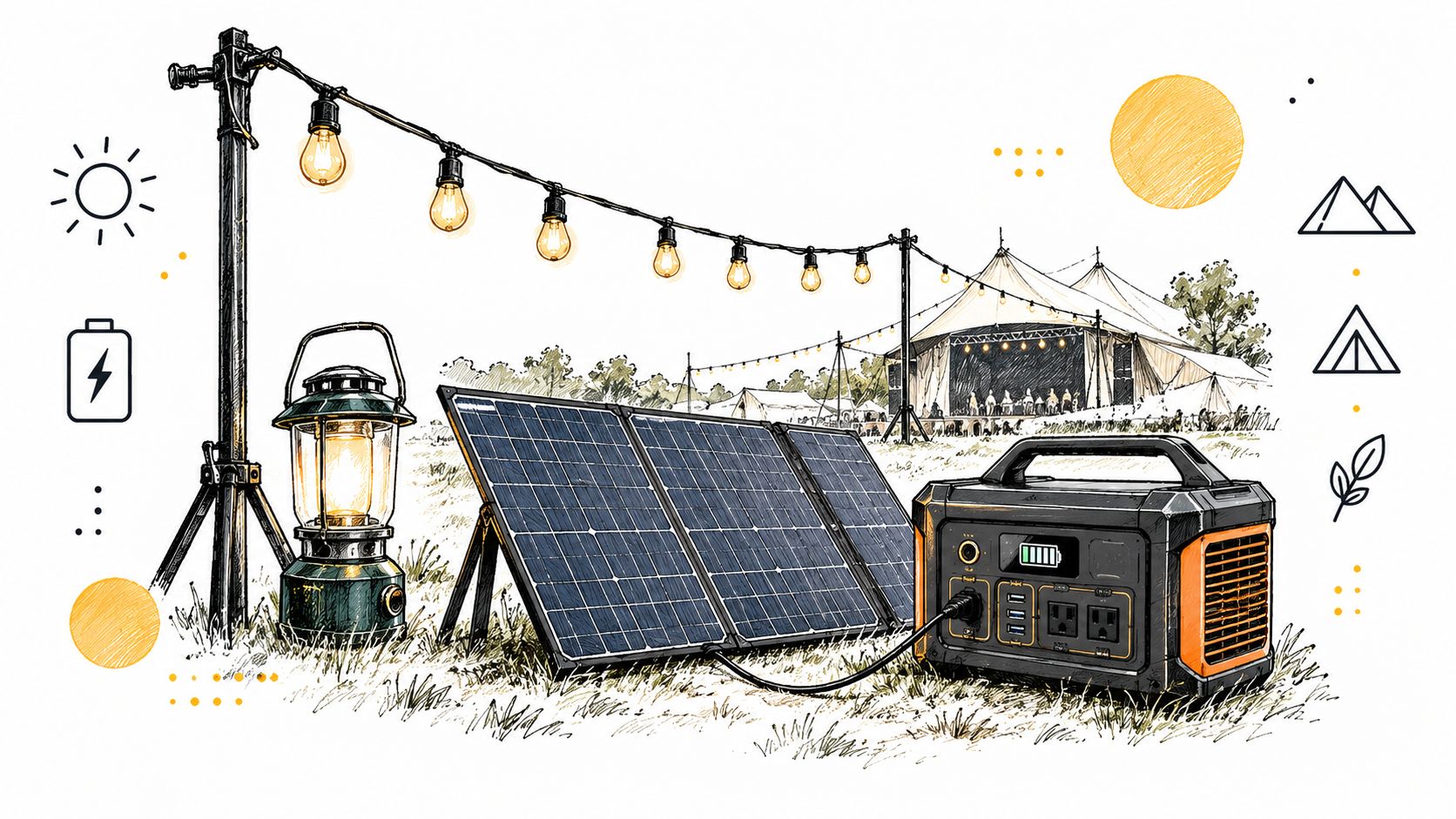A portable power station powering string lights and a camping lantern at a music festival campsite.