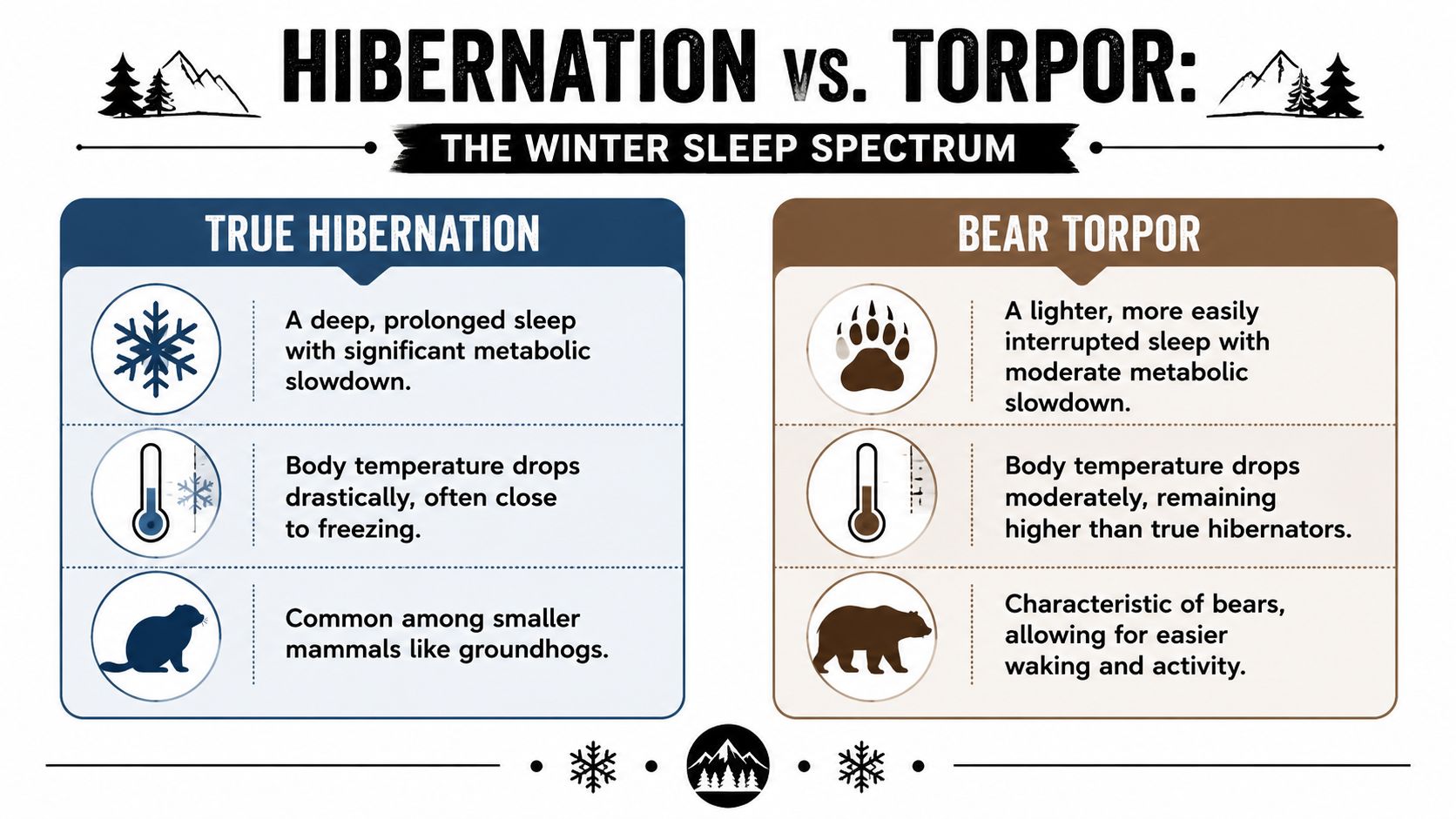 An infographic comparing true hibernation in small mammals with the bear torpor state during winter months.