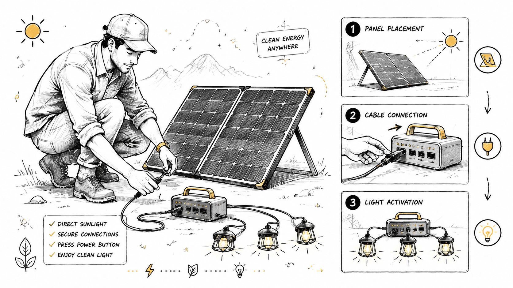 A man sets up a portable solar panel to power hanging light bulbs in an outdoor field.